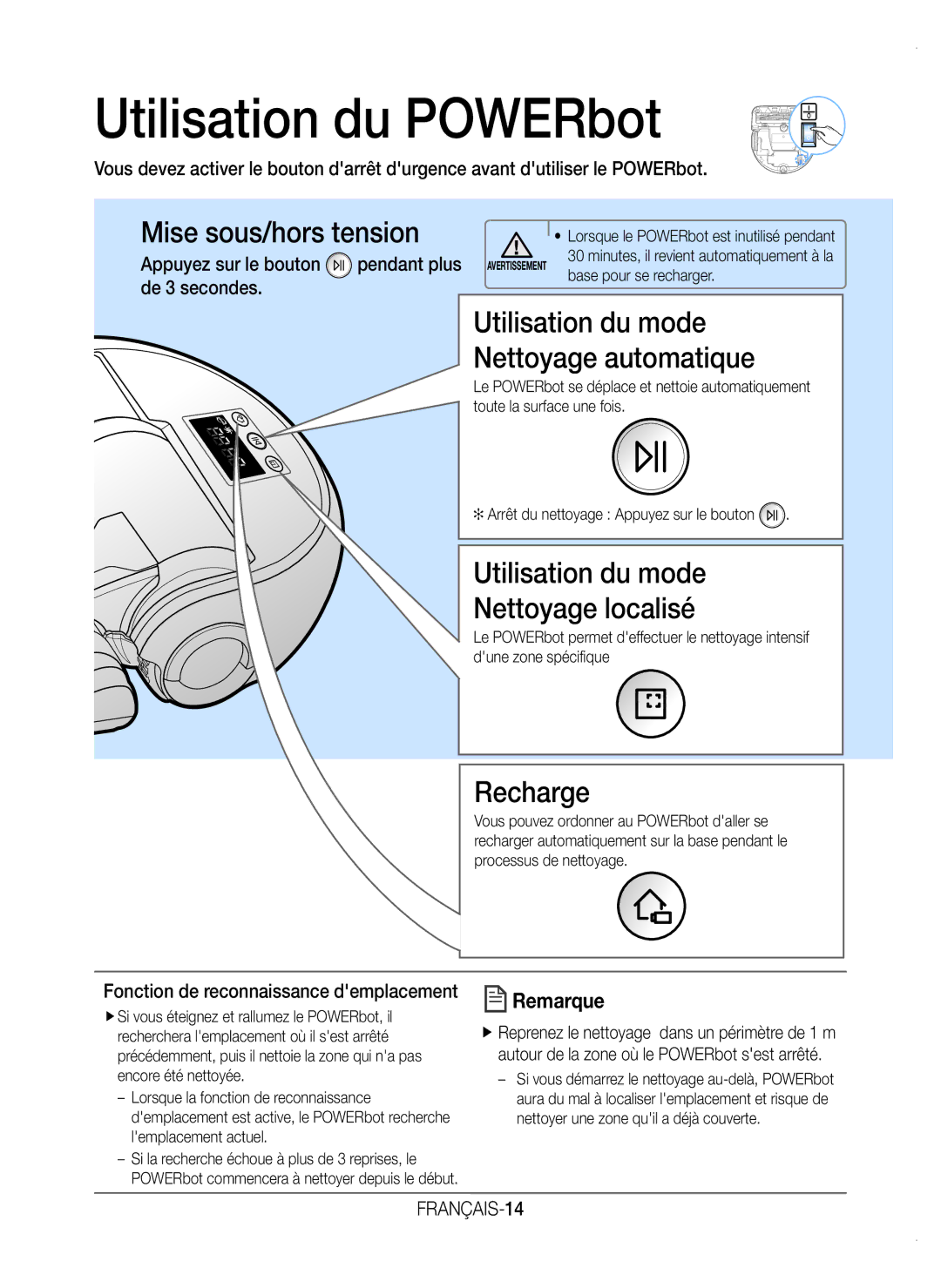 Samsung VR20K9350WK/EF manual Utilisation du POWERbot, Appuyez sur le bouton pendant plus de 3 secondes, FRANÇAIS-14 