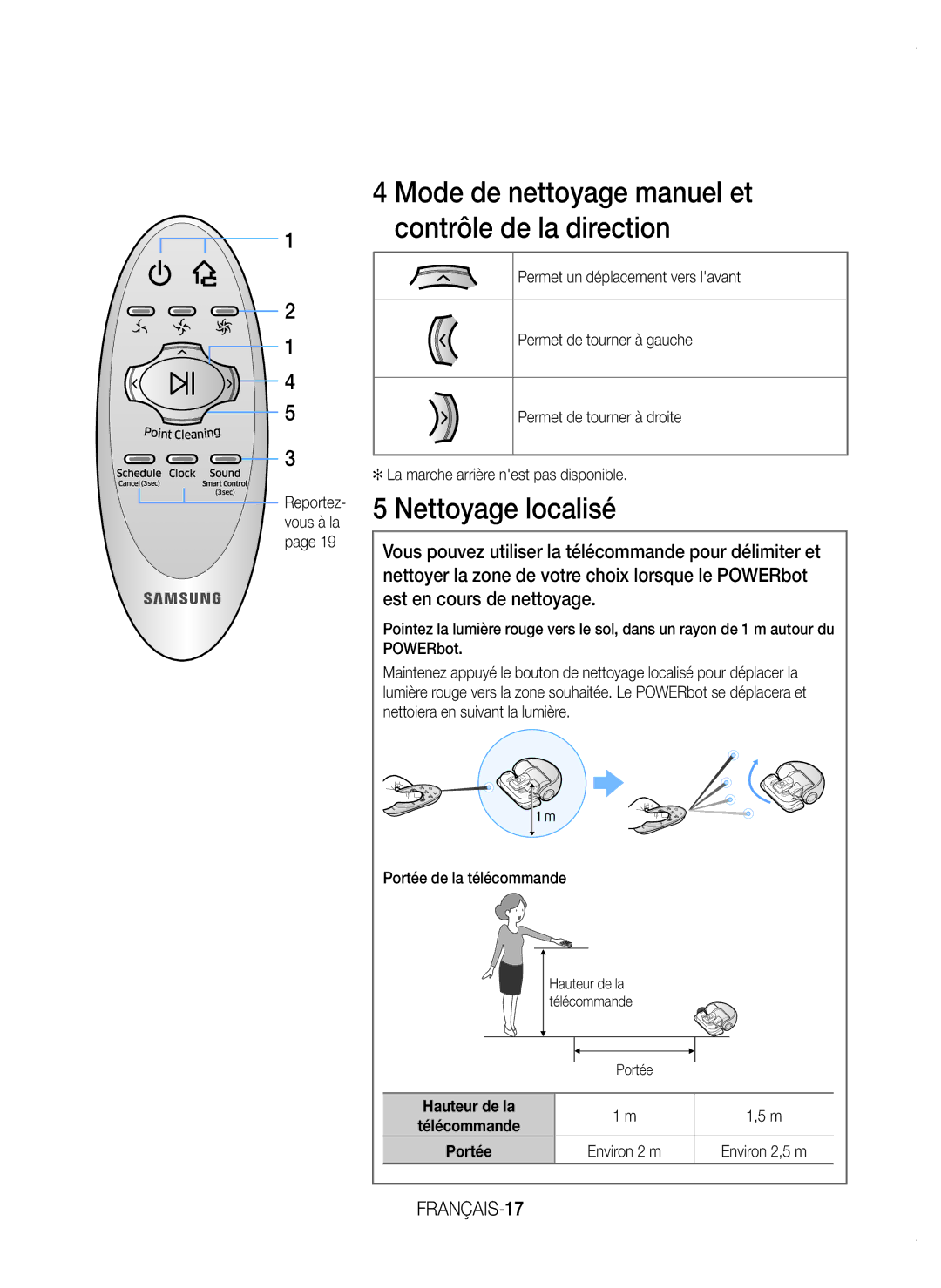 Samsung VR20K9350WK/EF manual Mode de nettoyage manuel et contrôle de la direction, FRANÇAIS-17 