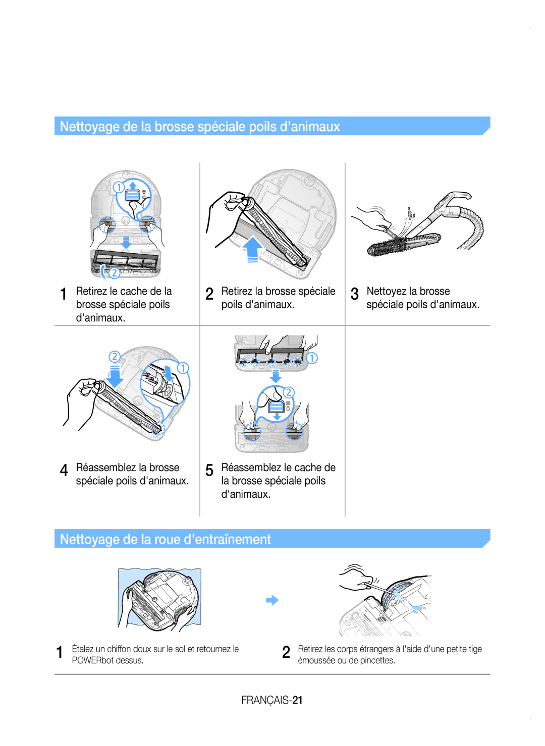 Samsung VR20K9350WK/EF Nettoyage de la brosse spéciale poils danimaux, Nettoyage de la roue dentraînement, FRANÇAIS-21 