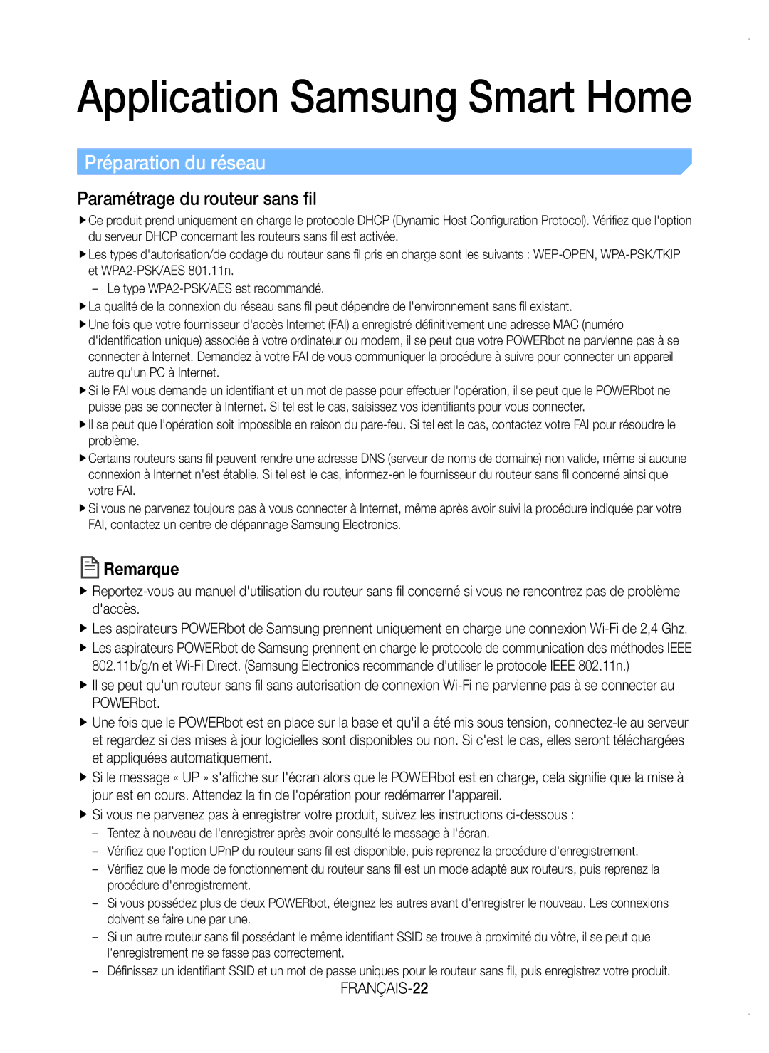 Samsung VR20K9350WK/EF manual Préparation du réseau, Paramétrage du routeur sans fil, FRANÇAIS-22 