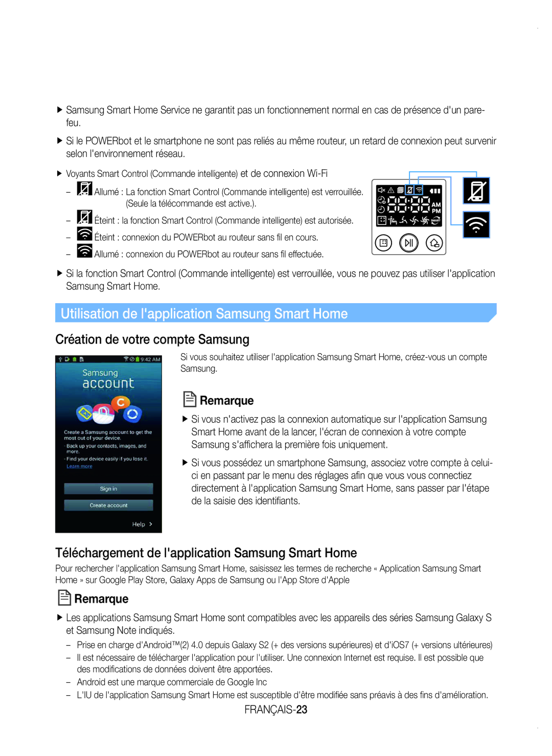 Samsung VR20K9350WK/EF manual Utilisation de lapplication Samsung Smart Home, Création de votre compte Samsung, FRANÇAIS-23 