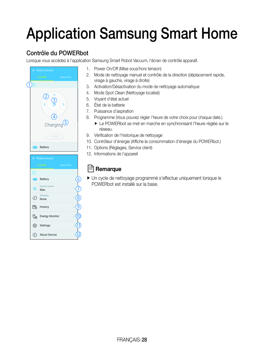 Samsung VR20K9350WK/EF manual Contrôle du POWERbot, FRANÇAIS-28 
