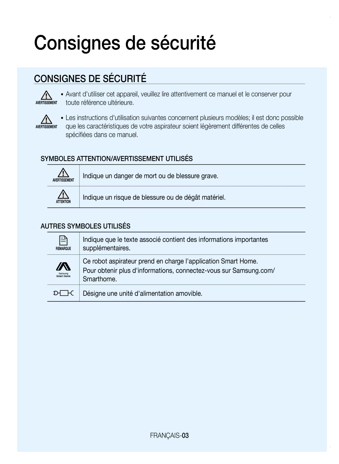 Samsung VR20K9350WK/EF manual Consignes de sécurité, Symboles ATTENTION/AVERTISSEMENT Utilisés, FRANÇAIS-03 