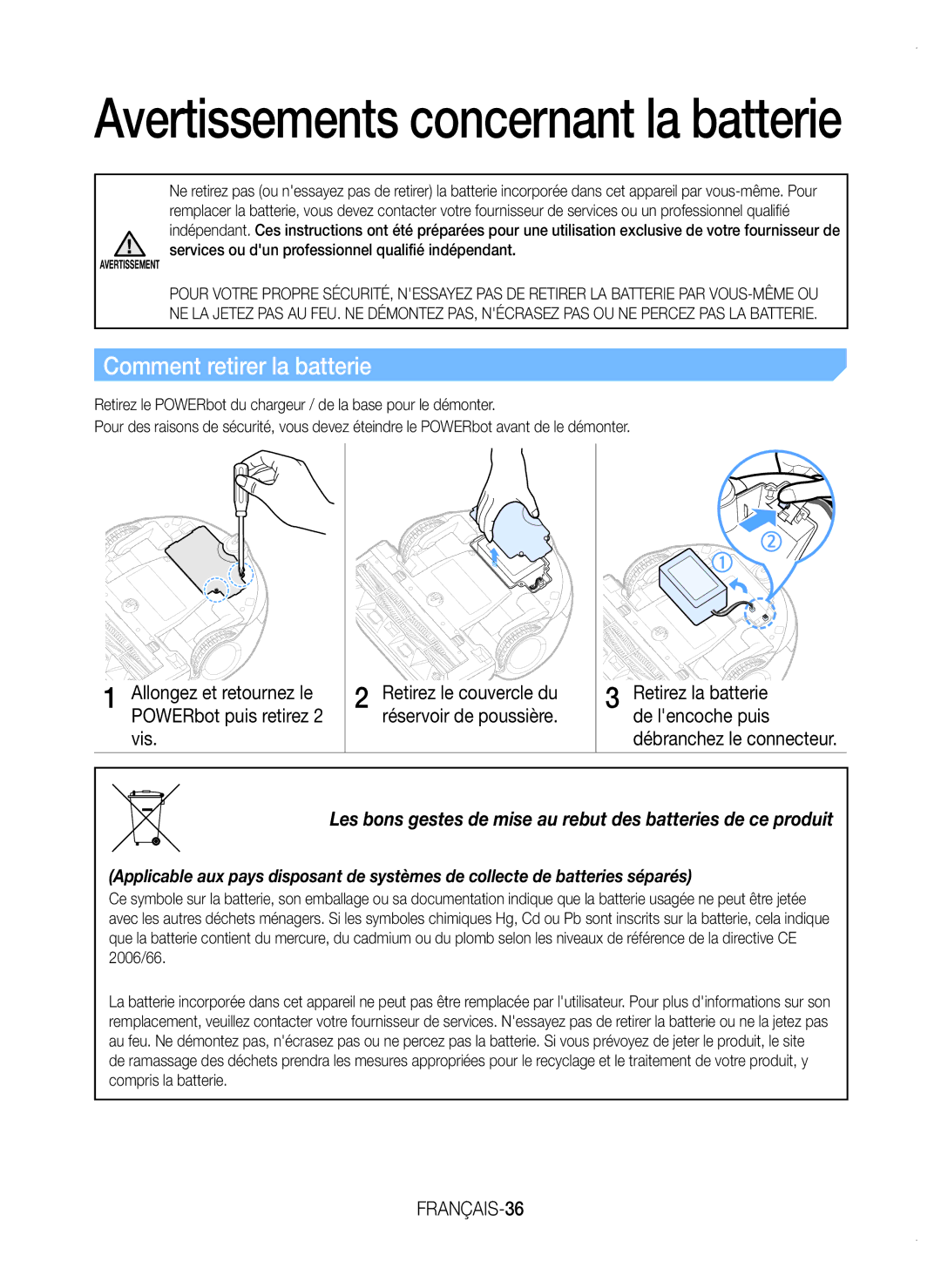 Samsung VR20K9350WK/EF Comment retirer la batterie, Allongez et retournez le POWERbot puis retirez 2 vis, FRANÇAIS-36 