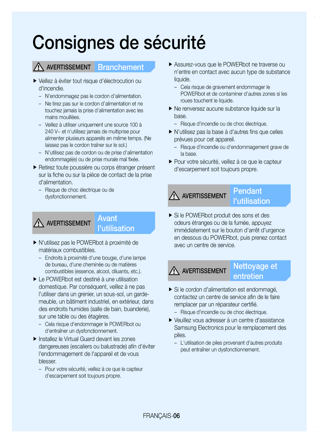 Samsung VR20K9350WK/EF manual Avertissement Branchement, Avertissement Avantlutilisation, Avertissement Pendantlutilisation 