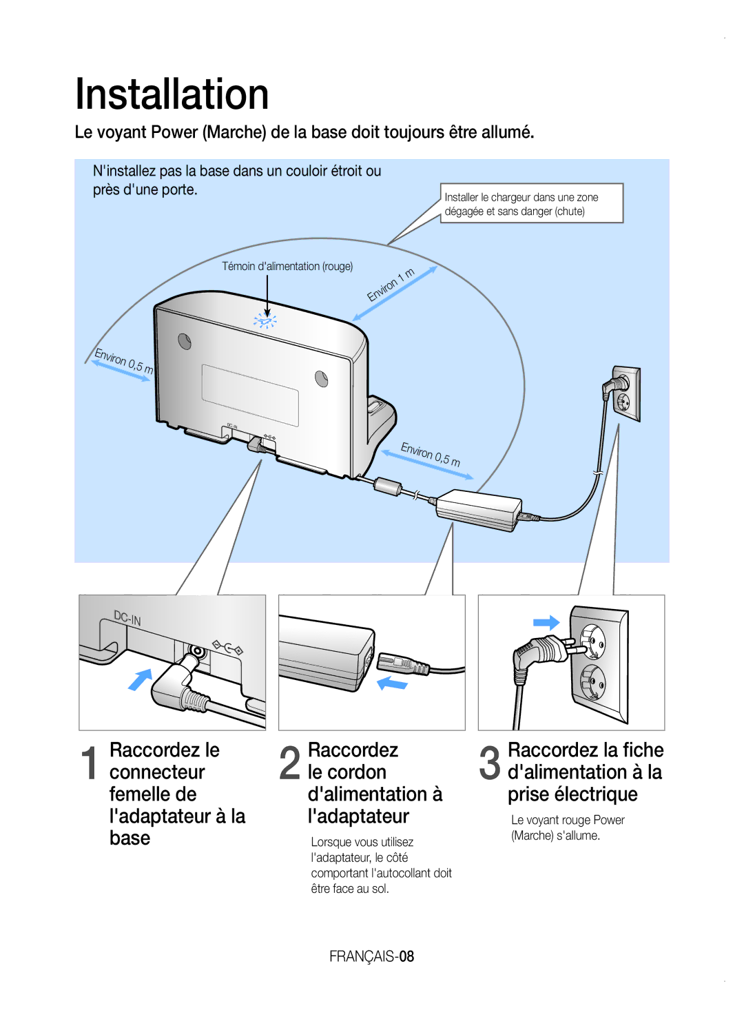 Samsung VR20K9350WK/EF manual Installation, Le voyant Power Marche de la base doit toujours être allumé, FRANÇAIS-08 