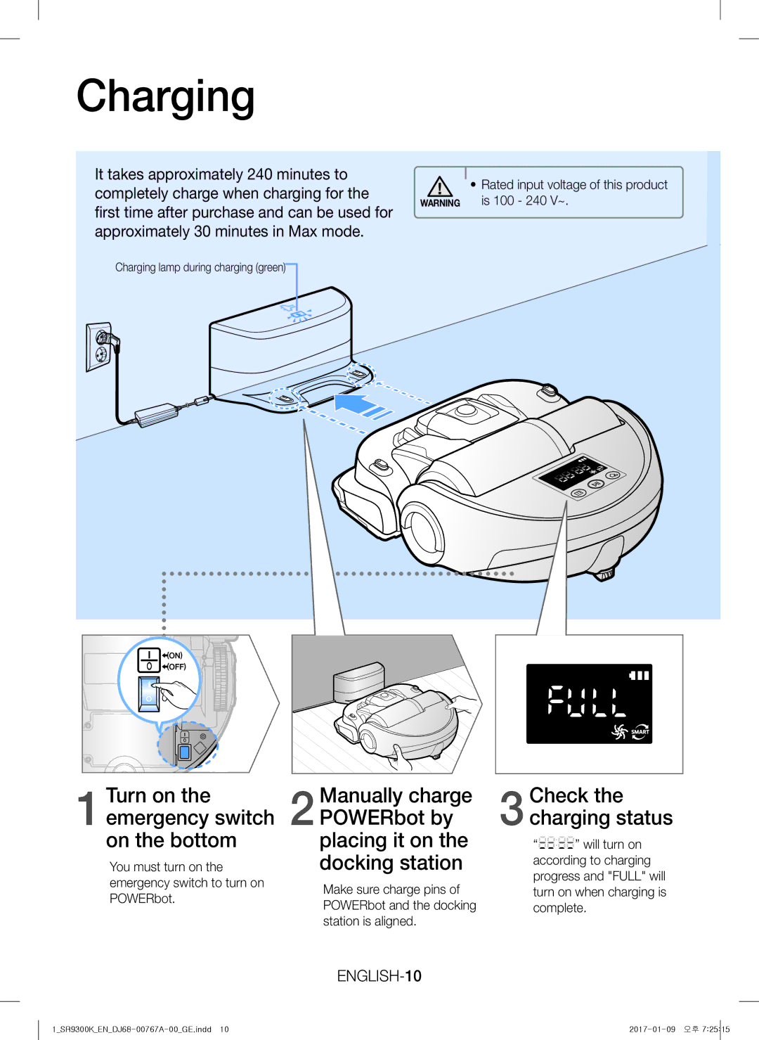 Samsung VR20K9350WK/EG, VR20K9350WK/GE manual Charging, ENGLISH-10 