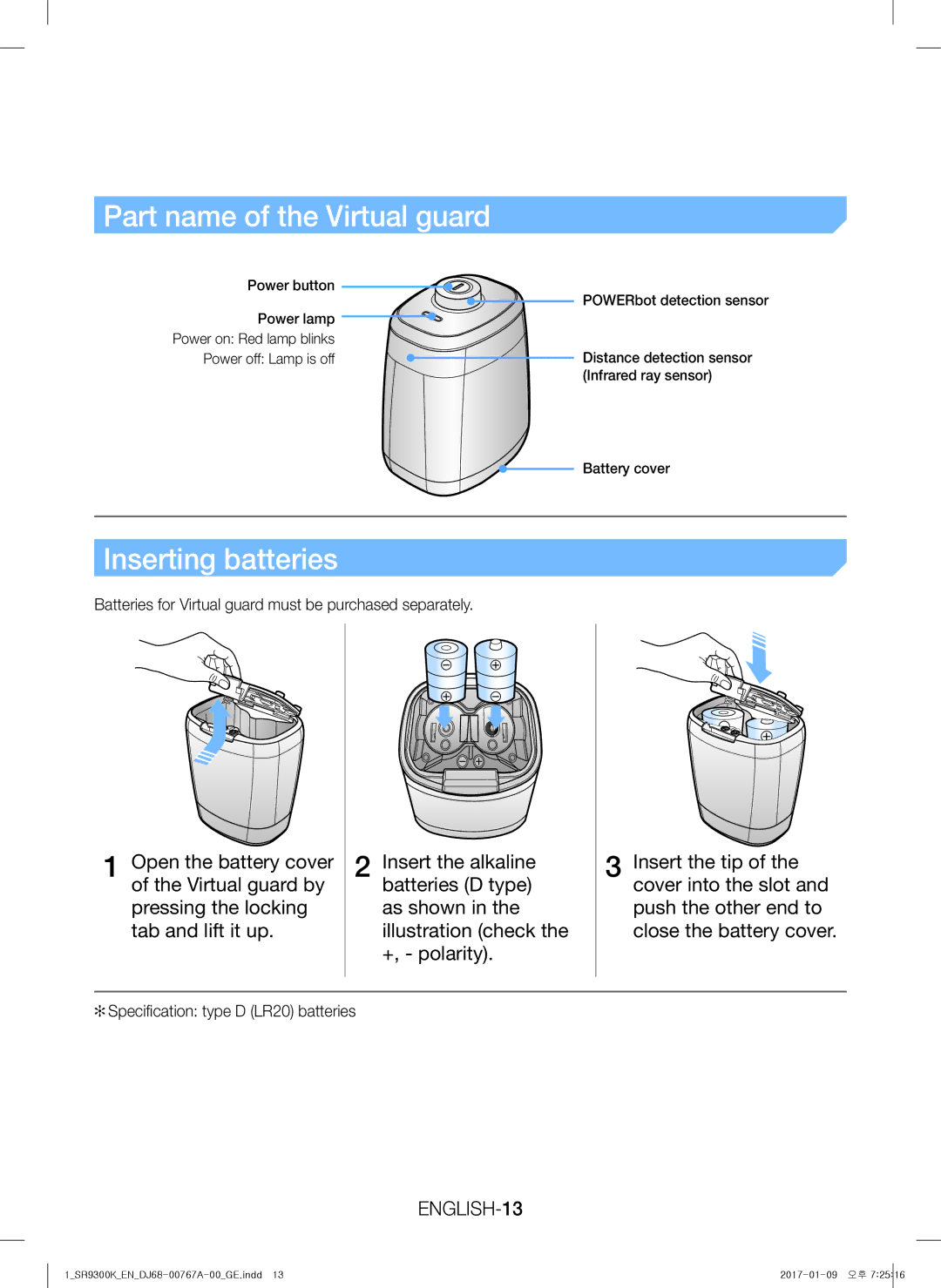 Samsung VR20K9350WK/GE, VR20K9350WK/EG manual Part name of the Virtual guard, ENGLISH-13 