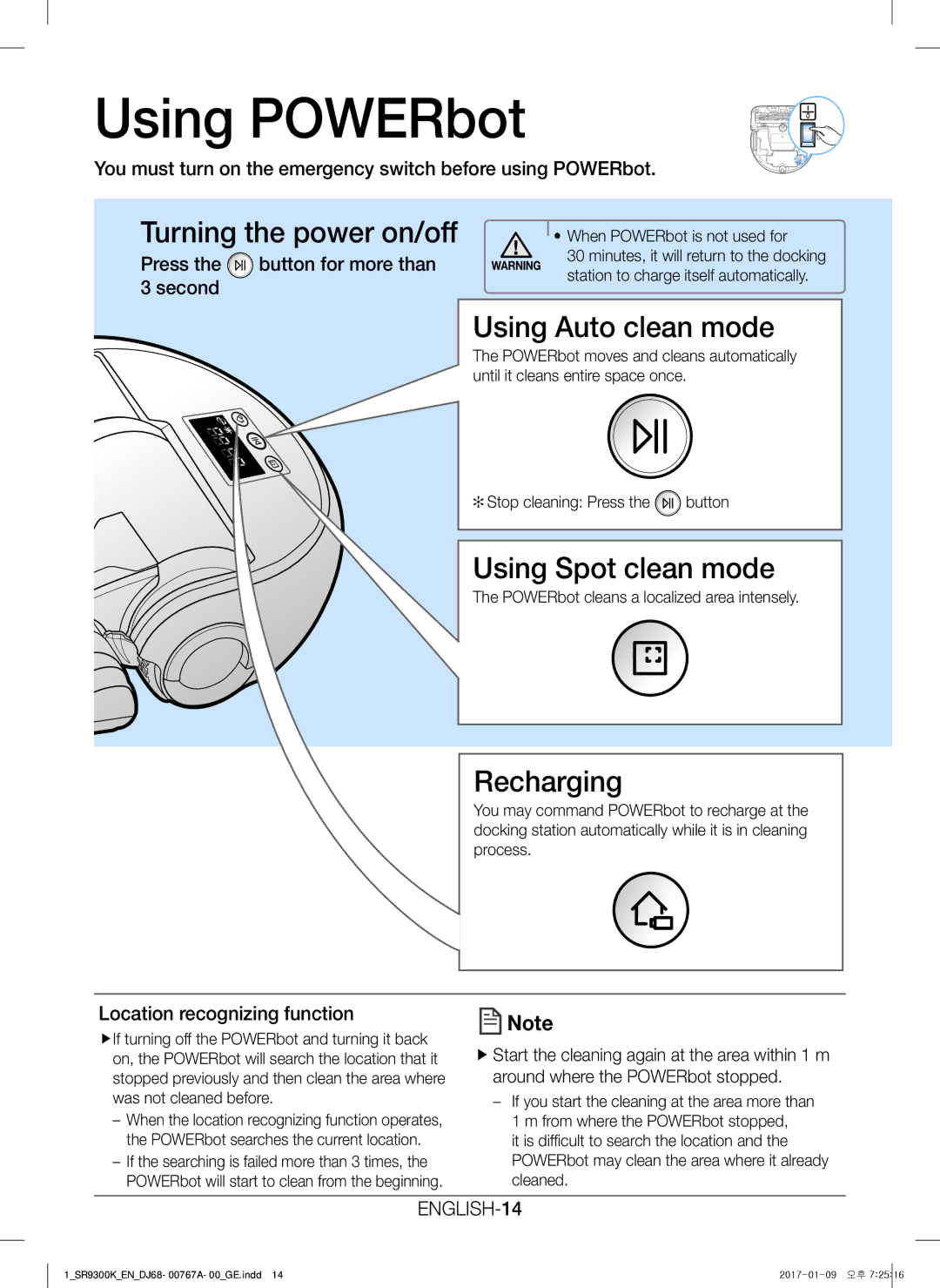 Samsung VR20K9350WK/EG manual Using POWERbot, You must turn on the emergency switch before using POWERbot, ENGLISH-14 