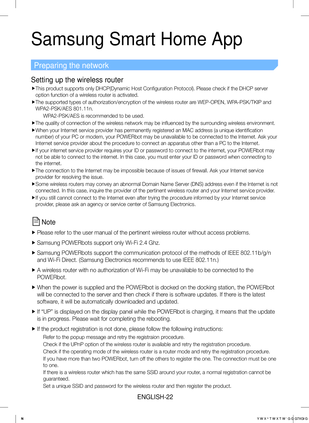 Samsung VR20K9350WK/EG manual Samsung Smart Home App, Preparing the network, Setting up the wireless router, ENGLISH-22 