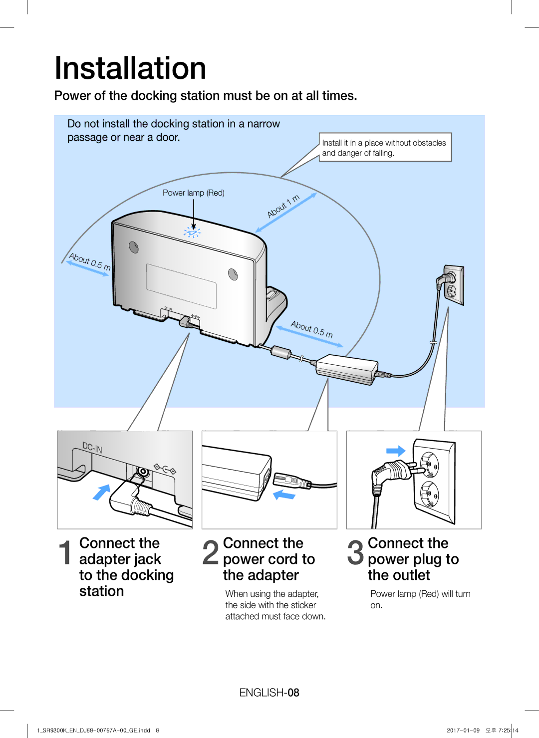 Samsung VR20K9350WK/EG, VR20K9350WK/GE manual Installation, Power of the docking station must be on at all times, ENGLISH-08 