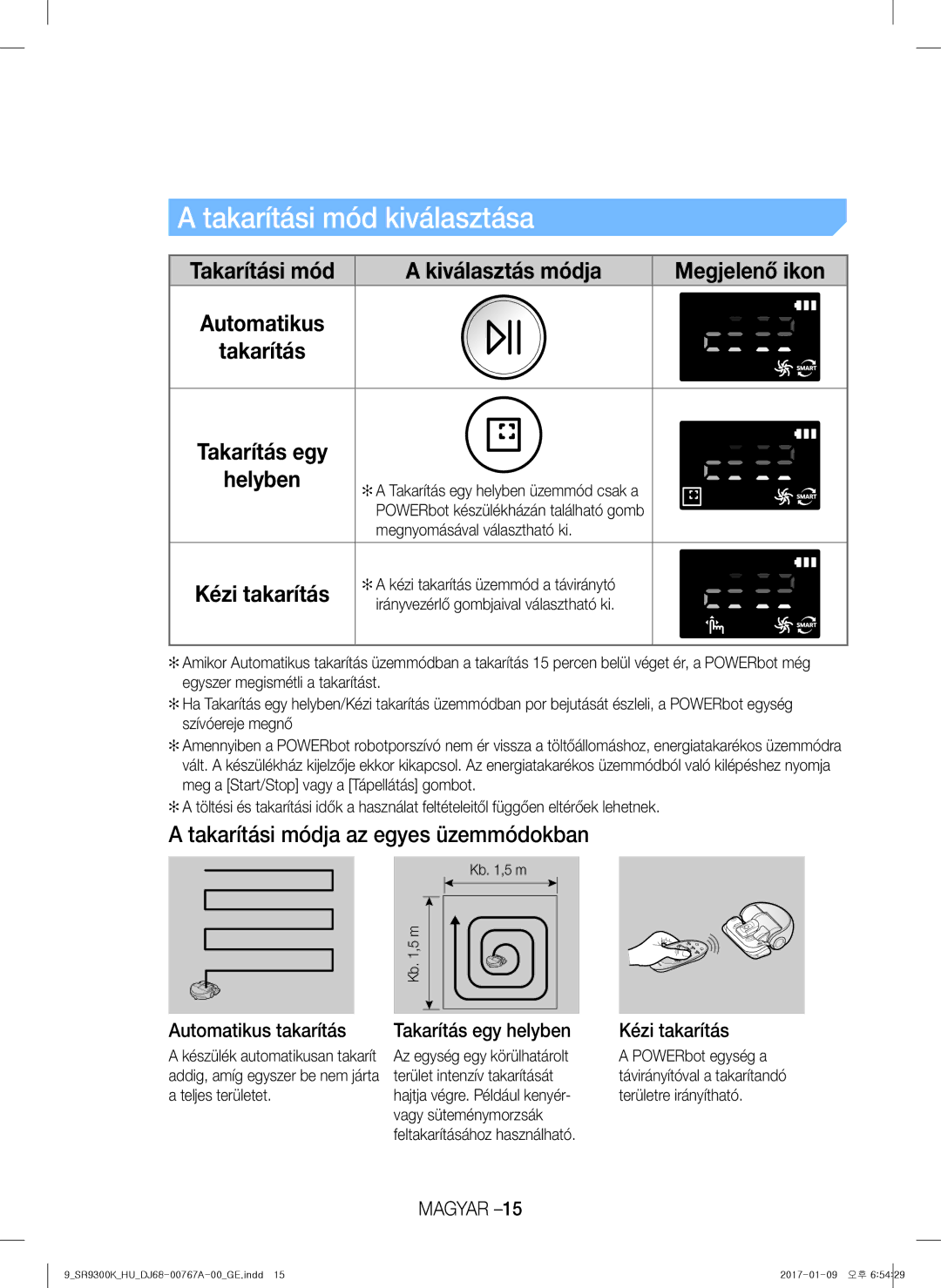 Samsung VR20K9350WK/GE manual Takarítási módja az egyes üzemmódokban, Automatikus takarítás, Takarítás egy helyben 