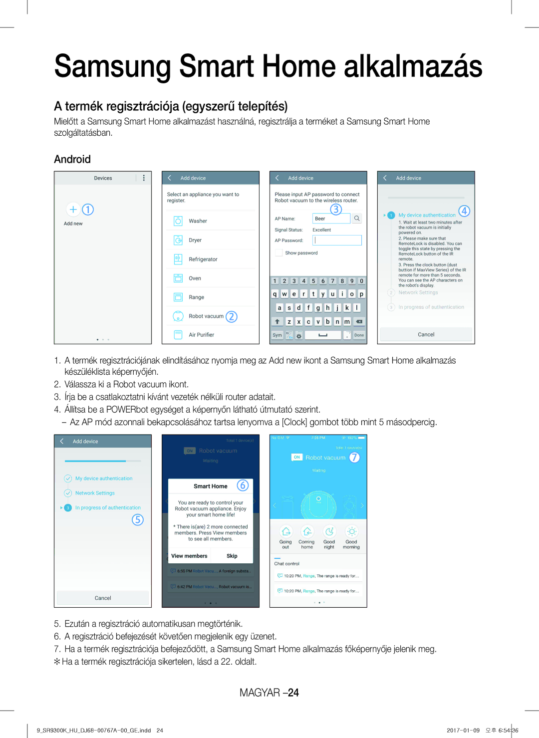 Samsung VR20K9350WK/EG, VR20K9350WK/GE manual Termék regisztrációja egyszerű telepítés, Android 