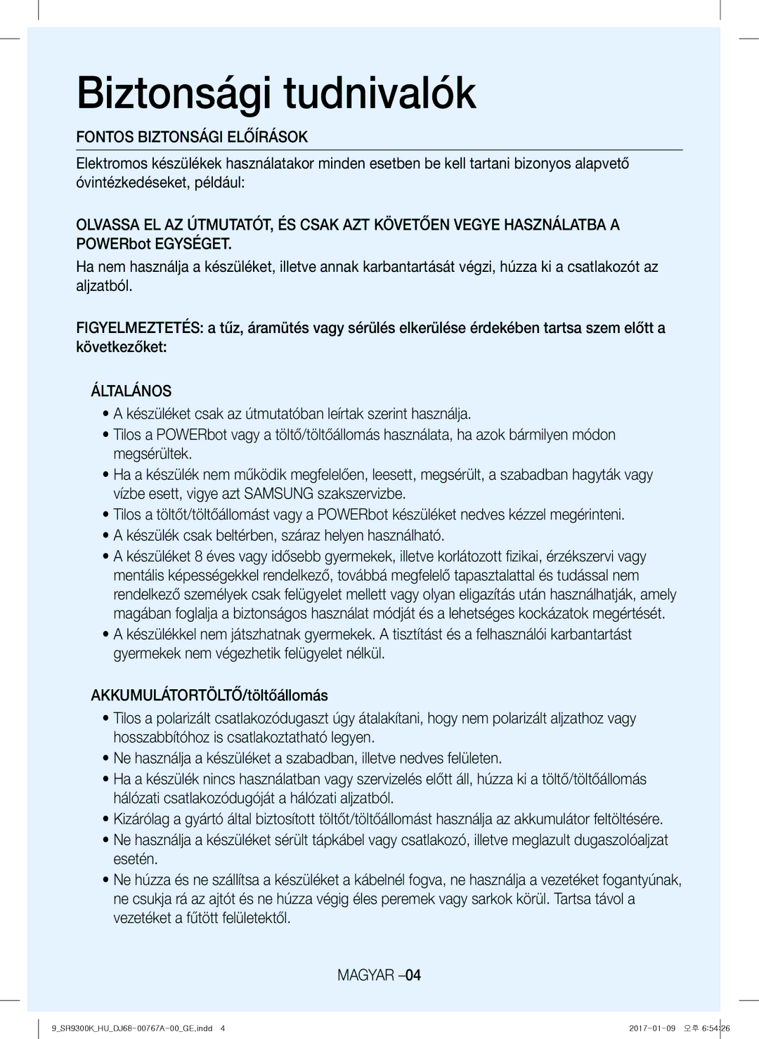 Samsung VR20K9350WK/EG, VR20K9350WK/GE manual Általános 