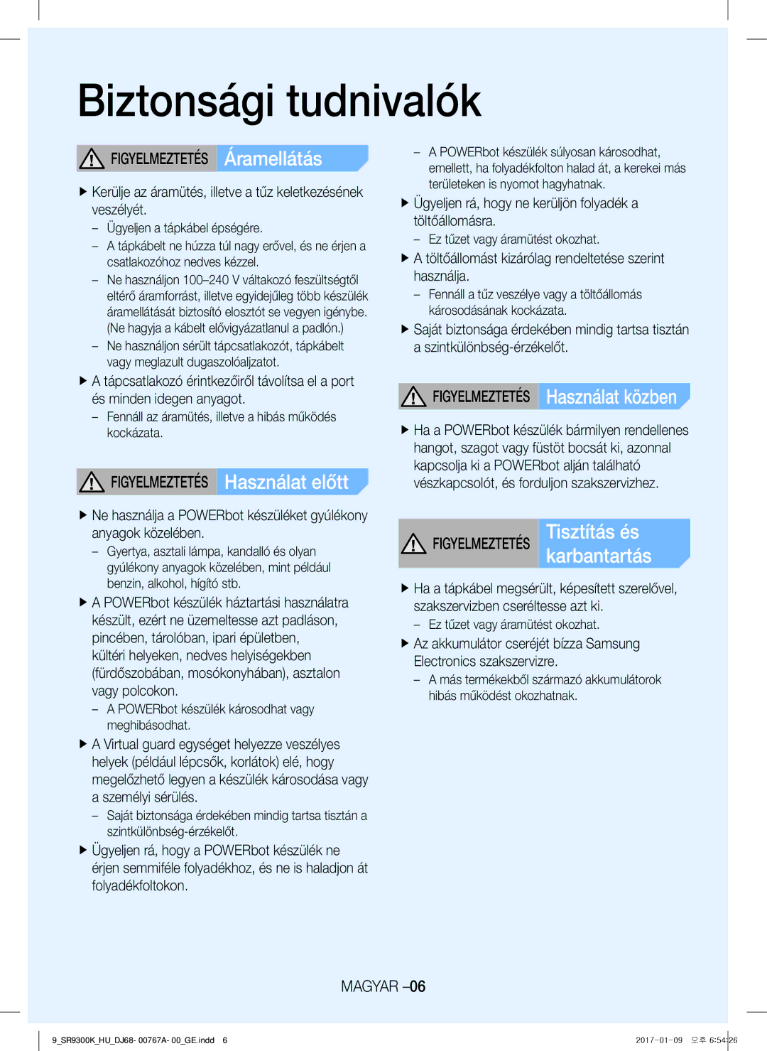 Samsung VR20K9350WK/EG, VR20K9350WK/GE manual Karbantartás, Figyelmeztetés Áramellátás, Figyelmeztetés Használat előtt 