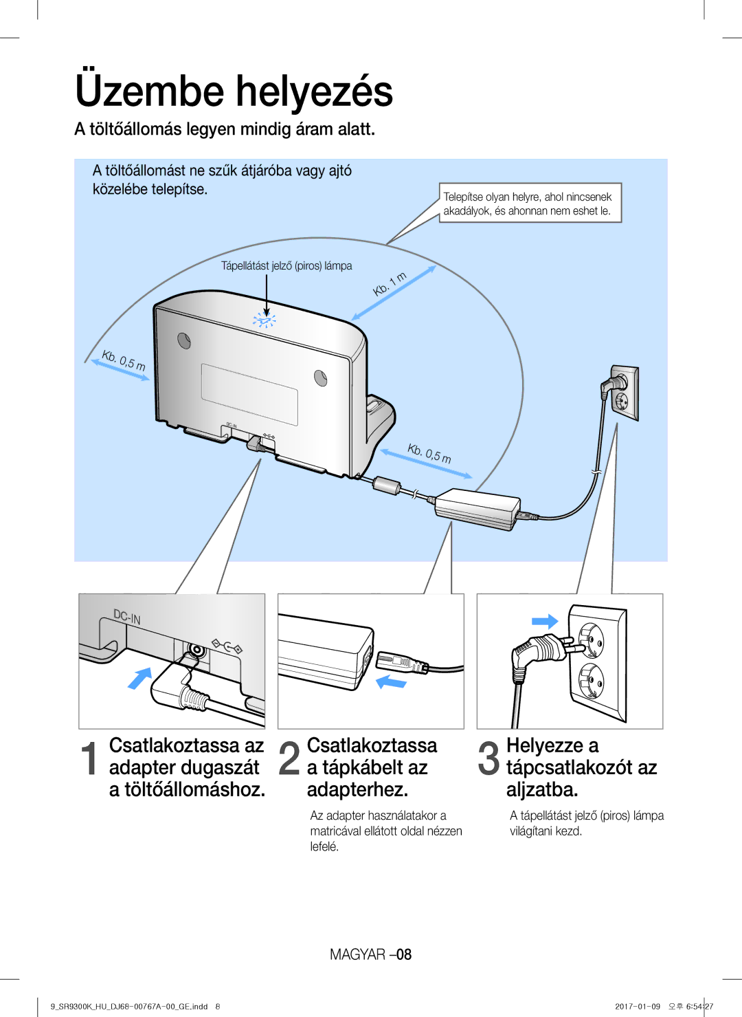 Samsung VR20K9350WK/EG, VR20K9350WK/GE manual Üzembe helyezés, Töltőállomás legyen mindig áram alatt 