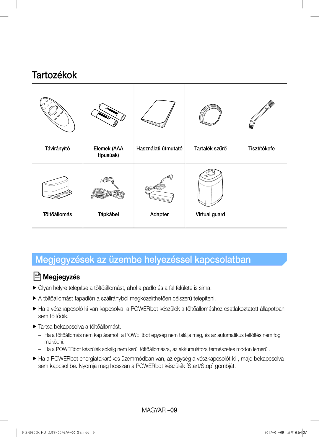 Samsung VR20K9350WK/GE, VR20K9350WK/EG manual Megjegyzések az üzembe helyezéssel kapcsolatban 