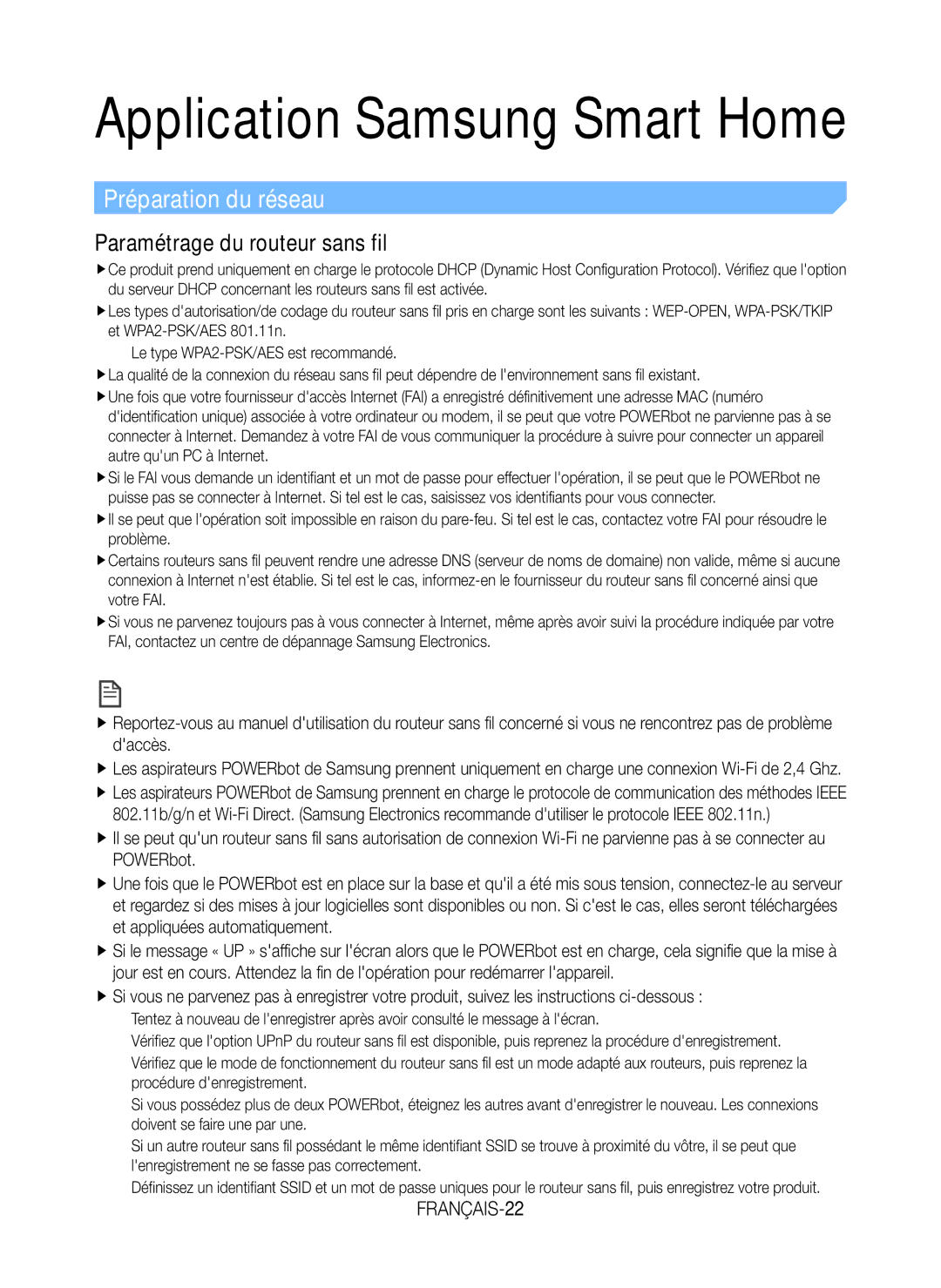 Samsung VR20K9350WK/EG manual Préparation du réseau, Paramétrage du routeur sans fil, FRANÇAIS-22 