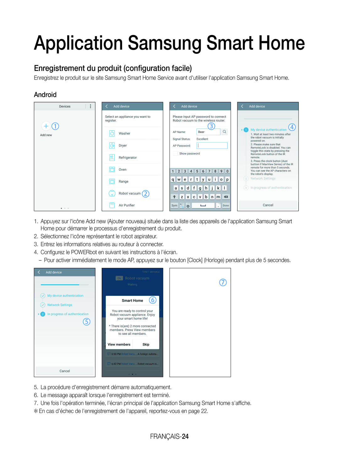 Samsung VR20K9350WK/EG manual Enregistrement du produit configuration facile, FRANÇAIS-24 