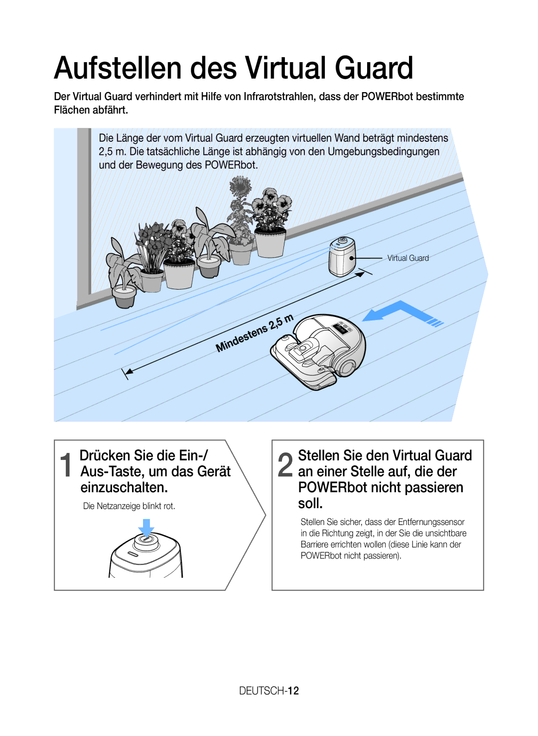 Samsung VR20K9350WK/EG manual Aufstellen des Virtual Guard, DEUTSCH-12, Die Netzanzeige blinkt rot 