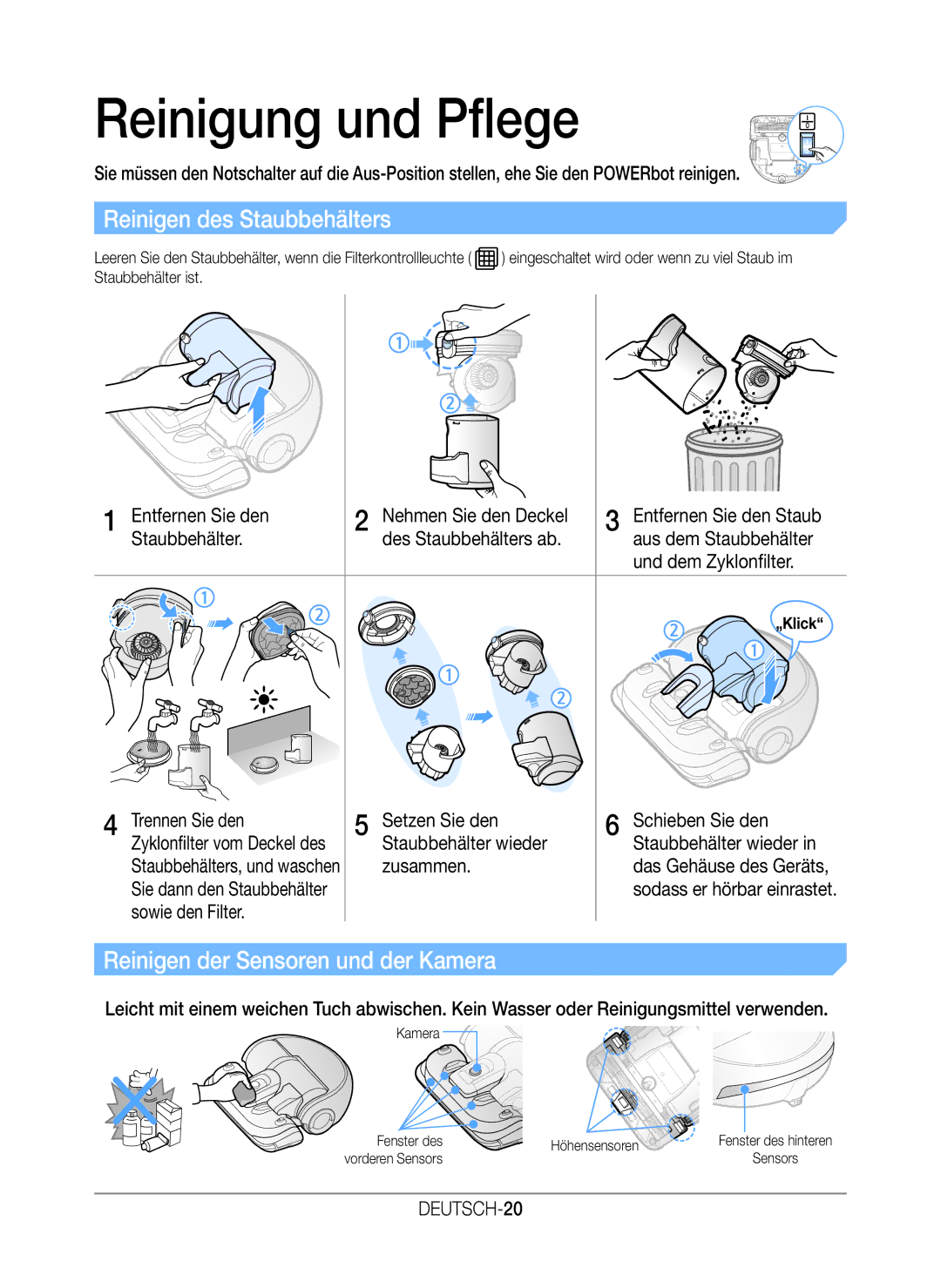 Samsung VR20K9350WK/EG Reinigung und Pflege, Reinigen des Staubbehälters, Reinigen der Sensoren und der Kamera, DEUTSCH-20 