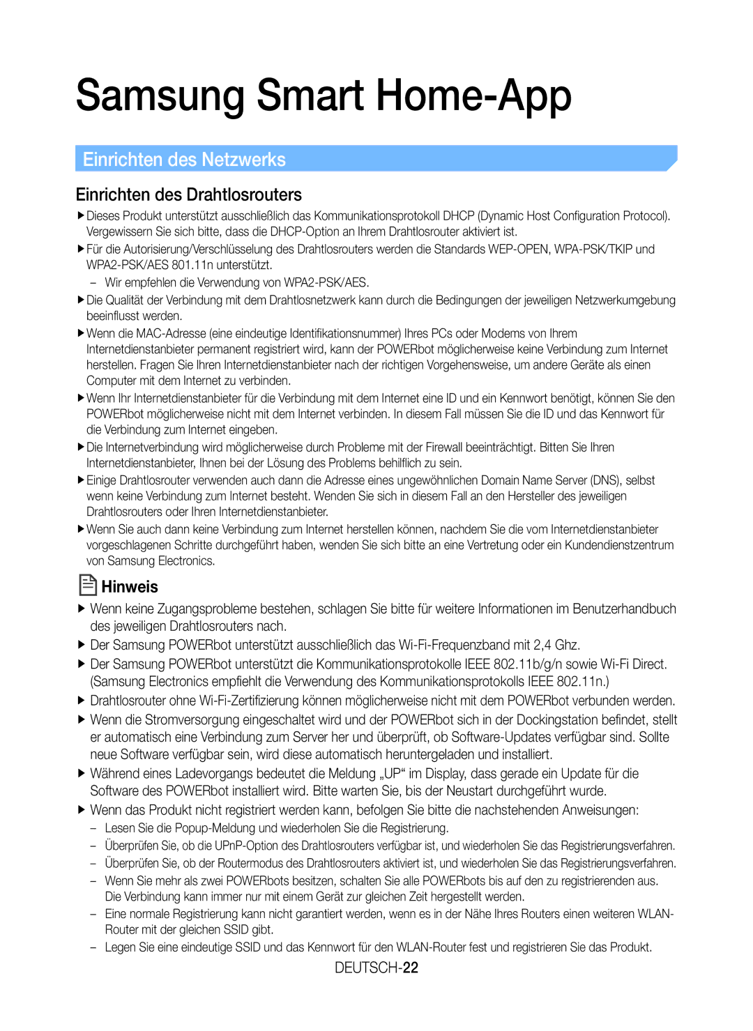 Samsung VR20K9350WK/EG manual Samsung Smart Home-App, Einrichten des Netzwerks, Einrichten des Drahtlosrouters, DEUTSCH-22 