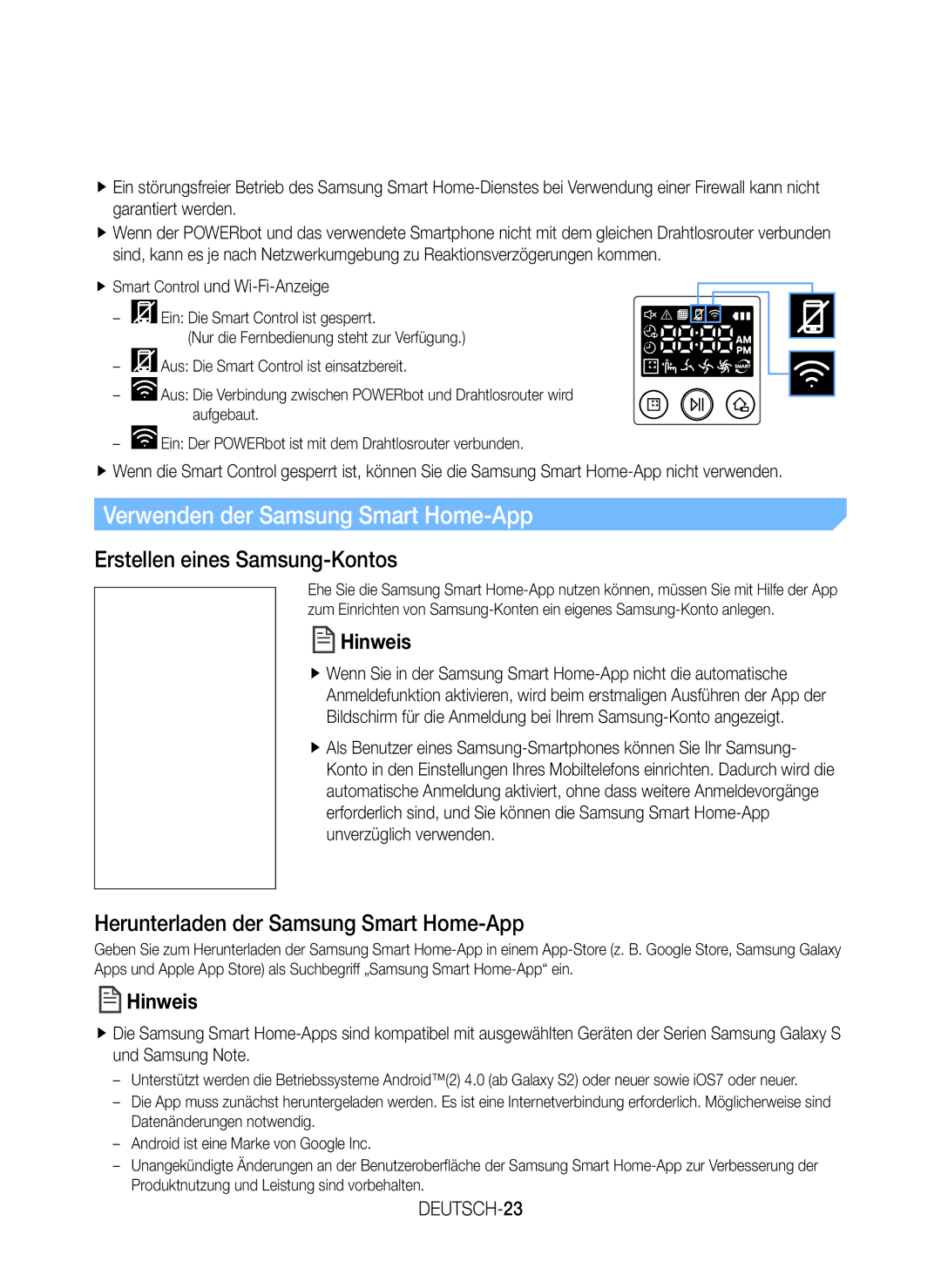 Samsung VR20K9350WK/EG manual Verwenden der Samsung Smart Home-App, Erstellen eines Samsung-Kontos, DEUTSCH-23 