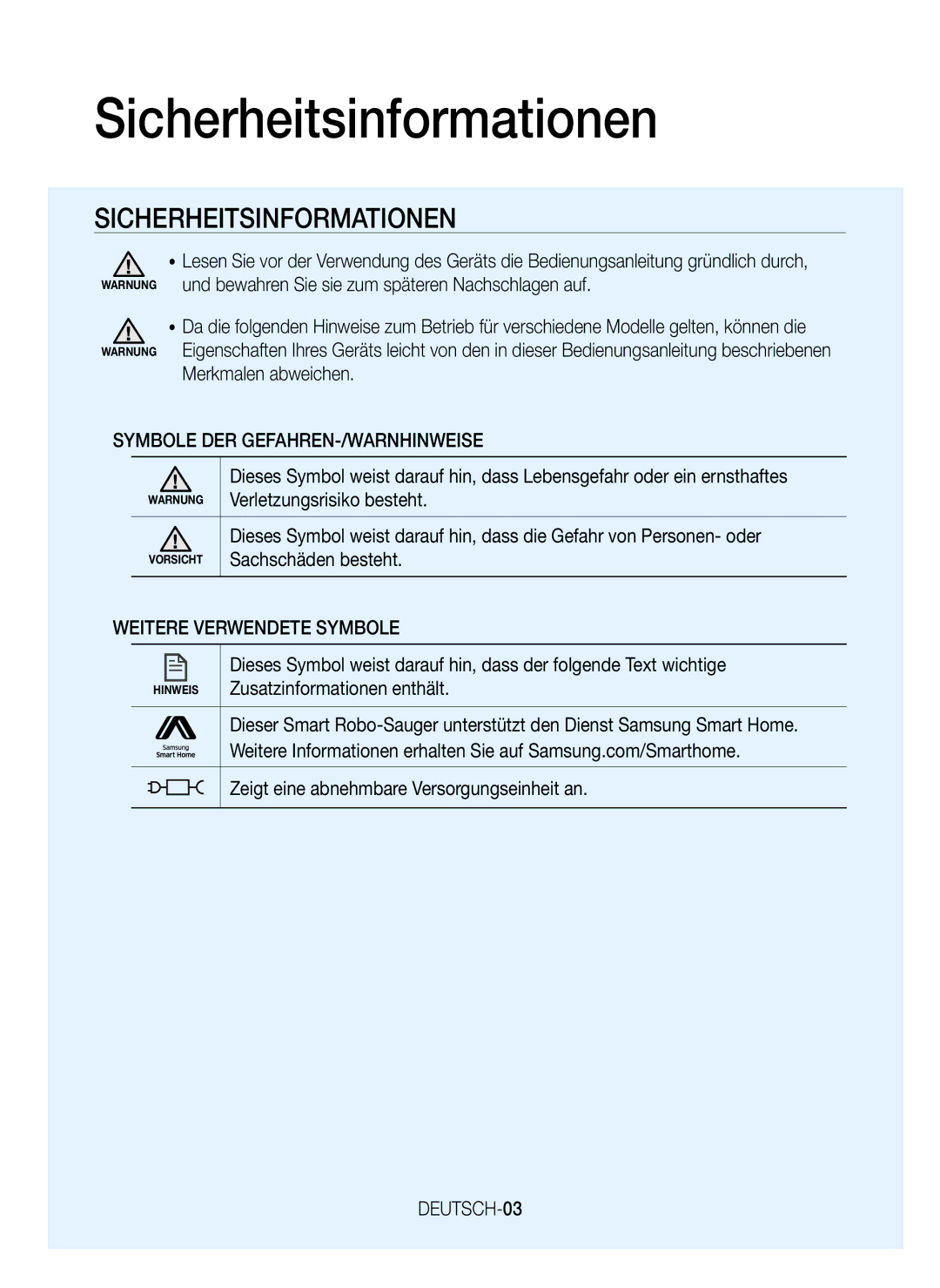 Samsung VR20K9350WK/EG manual Sicherheitsinformationen, Symbole DER GEFAHREN-/WARNHINWEISE, Weitere Verwendete Symbole 