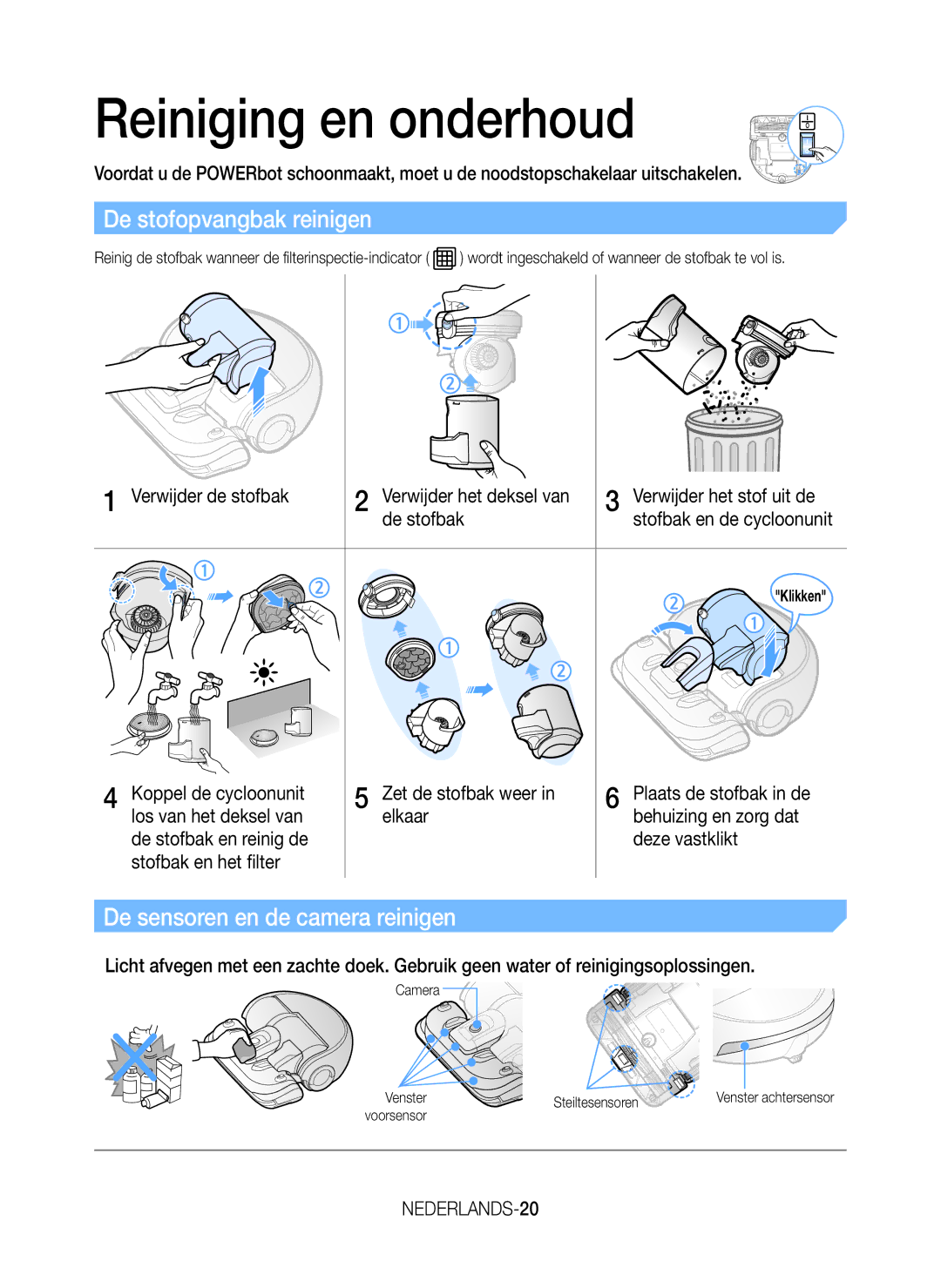 Samsung VR20K9350WK/EG Reiniging en onderhoud, De stofopvangbak reinigen, De sensoren en de camera reinigen, NEDERLANDS-20 