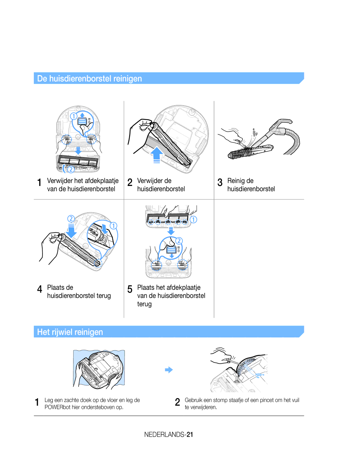 Samsung VR20K9350WK/EG manual De huisdierenborstel reinigen, Het rijwiel reinigen, Terug, NEDERLANDS-21 
