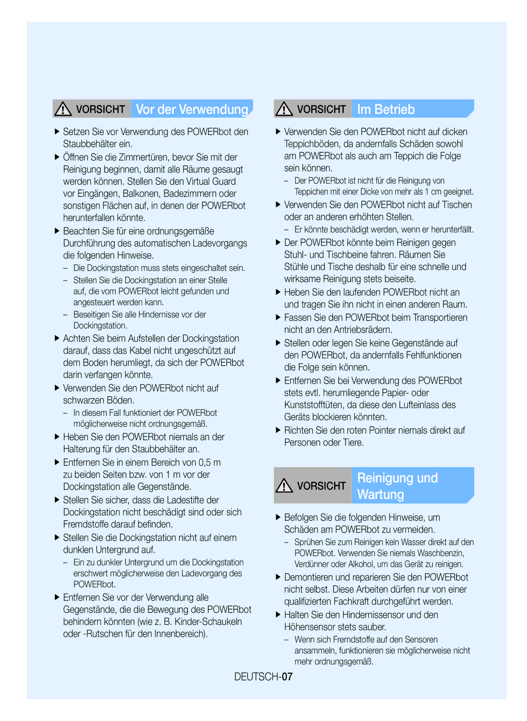 Samsung VR20K9350WK/EG manual Vorsicht Vor der Verwendung, Vorsicht ReinigungWartung und, Vorsicht Im Betrieb, DEUTSCH-07 