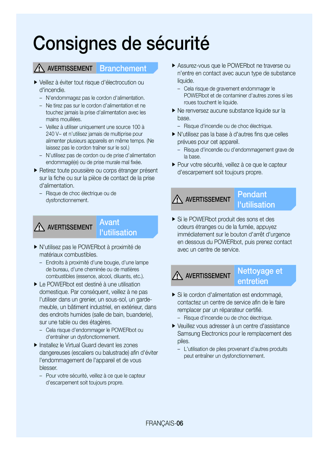 Samsung VR20K9350WK/EG manual Avertissement Branchement, Avertissement Avantlutilisation, Avertissement Pendantlutilisation 