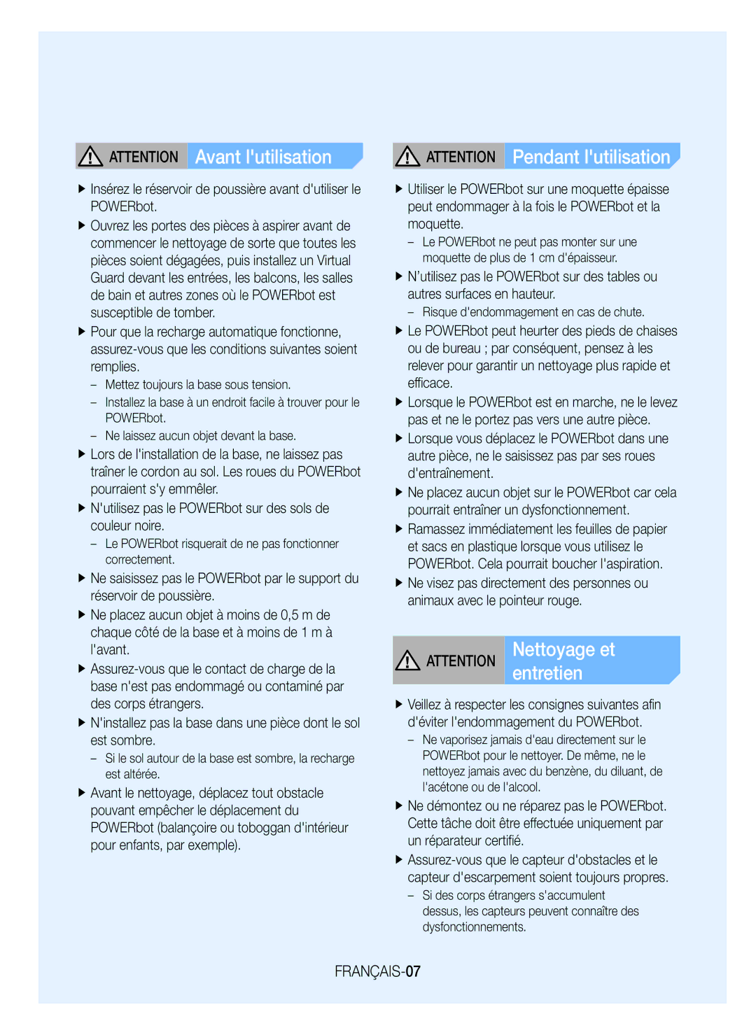 Samsung VR20K9350WK/EG manual FRANÇAIS-07, Le POWERbot risquerait de ne pas fonctionner correctement 