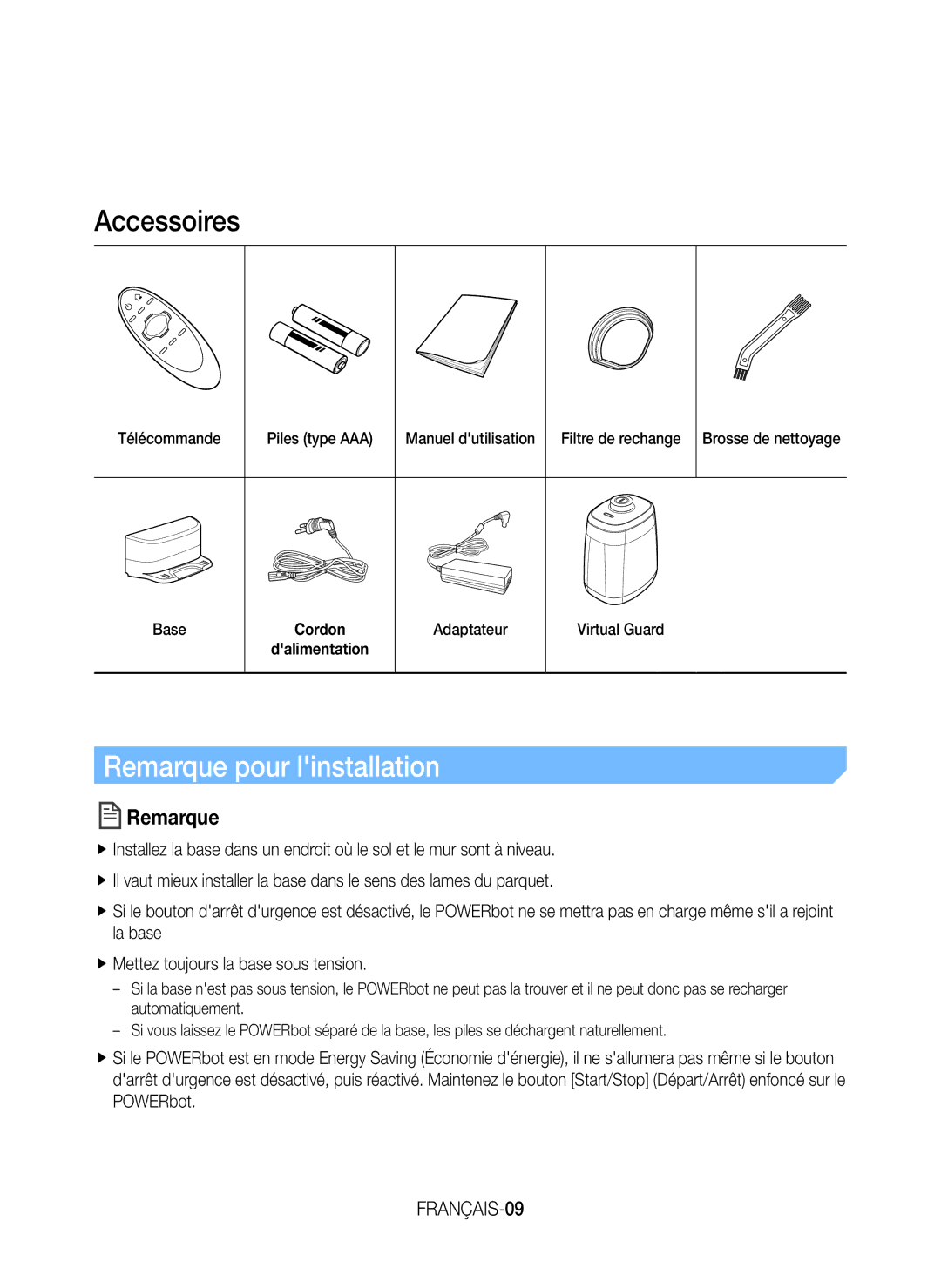 Samsung VR20K9350WK/EG manual Remarque pour linstallation, FRANÇAIS-09, Adaptateur Virtual Guard 