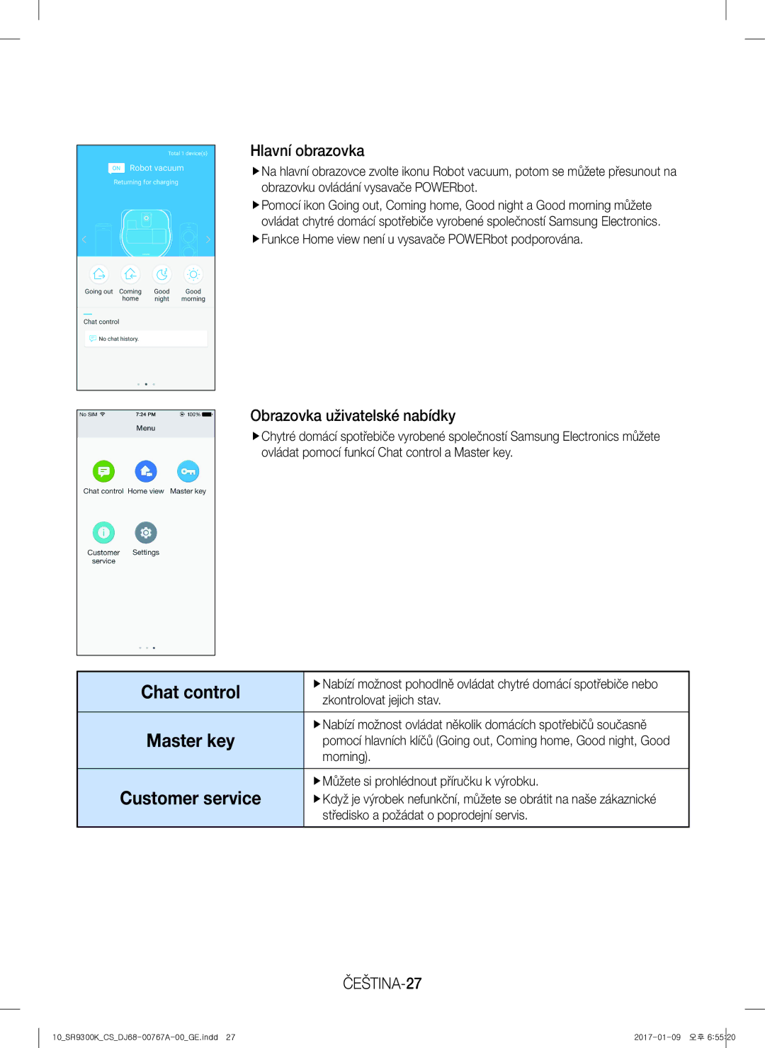 Samsung VR20K9350WK/GE manual Hlavní obrazovka, Obrazovka uživatelské nabídky, ČEŠTINA-27 