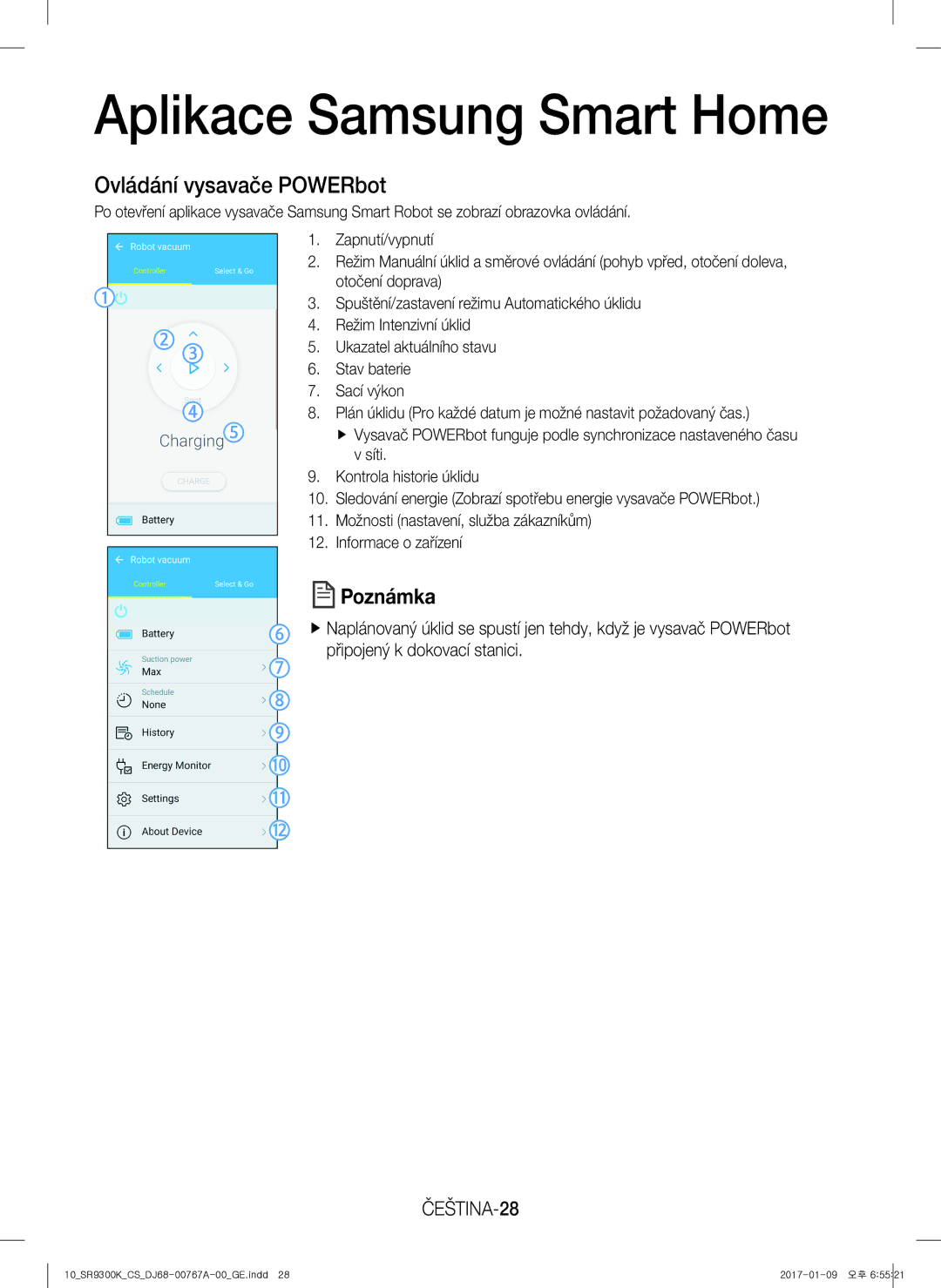 Samsung VR20K9350WK/GE manual Ovládání vysavače POWERbot, ČEŠTINA-28 