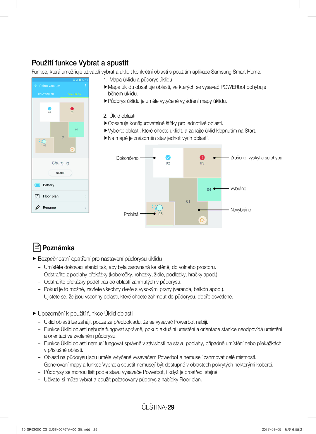 Samsung VR20K9350WK/GE Použití funkce Vybrat a spustit, ČEŠTINA-29, FfBezpečnostní opatření pro nastavení půdorysu úklidu 