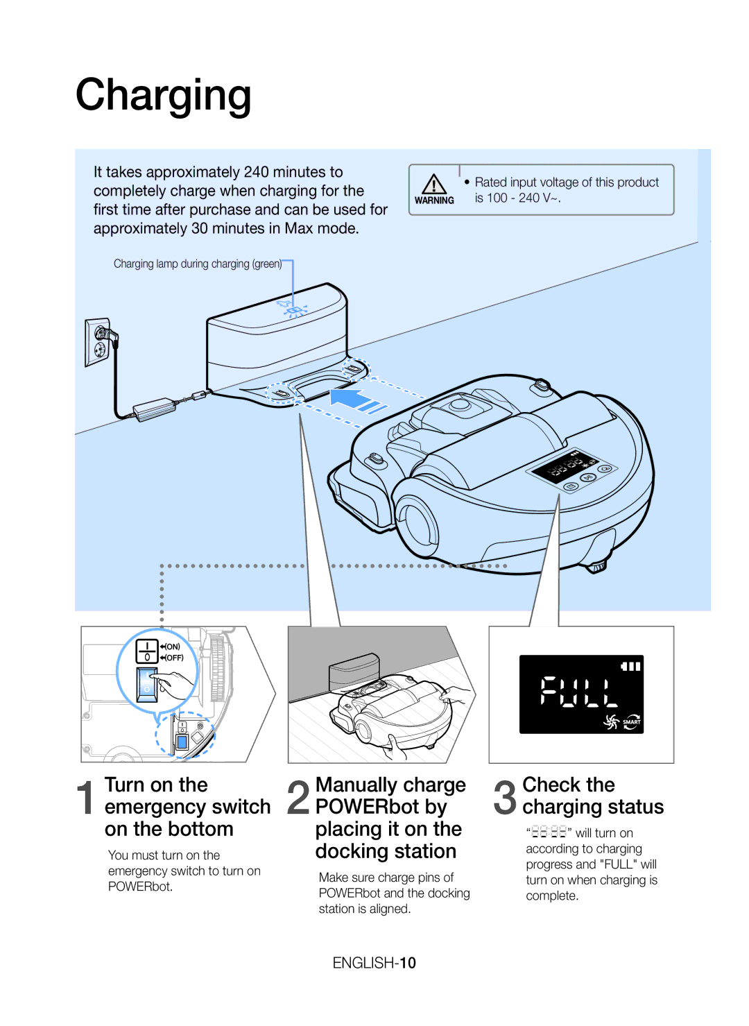 Samsung VR20K9350WK/ML manual Charging, Rated input voltage of this product is 100 240 V~ 