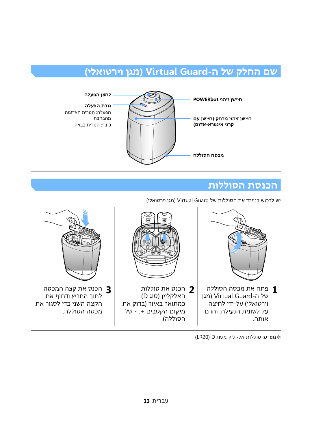 Samsung VR20K9350WK/ML manual 13-תירבע, ילאוטריו ןגמ Virtual‏ Guard לש תוללוסה תא דרפנב שוכרל שי 