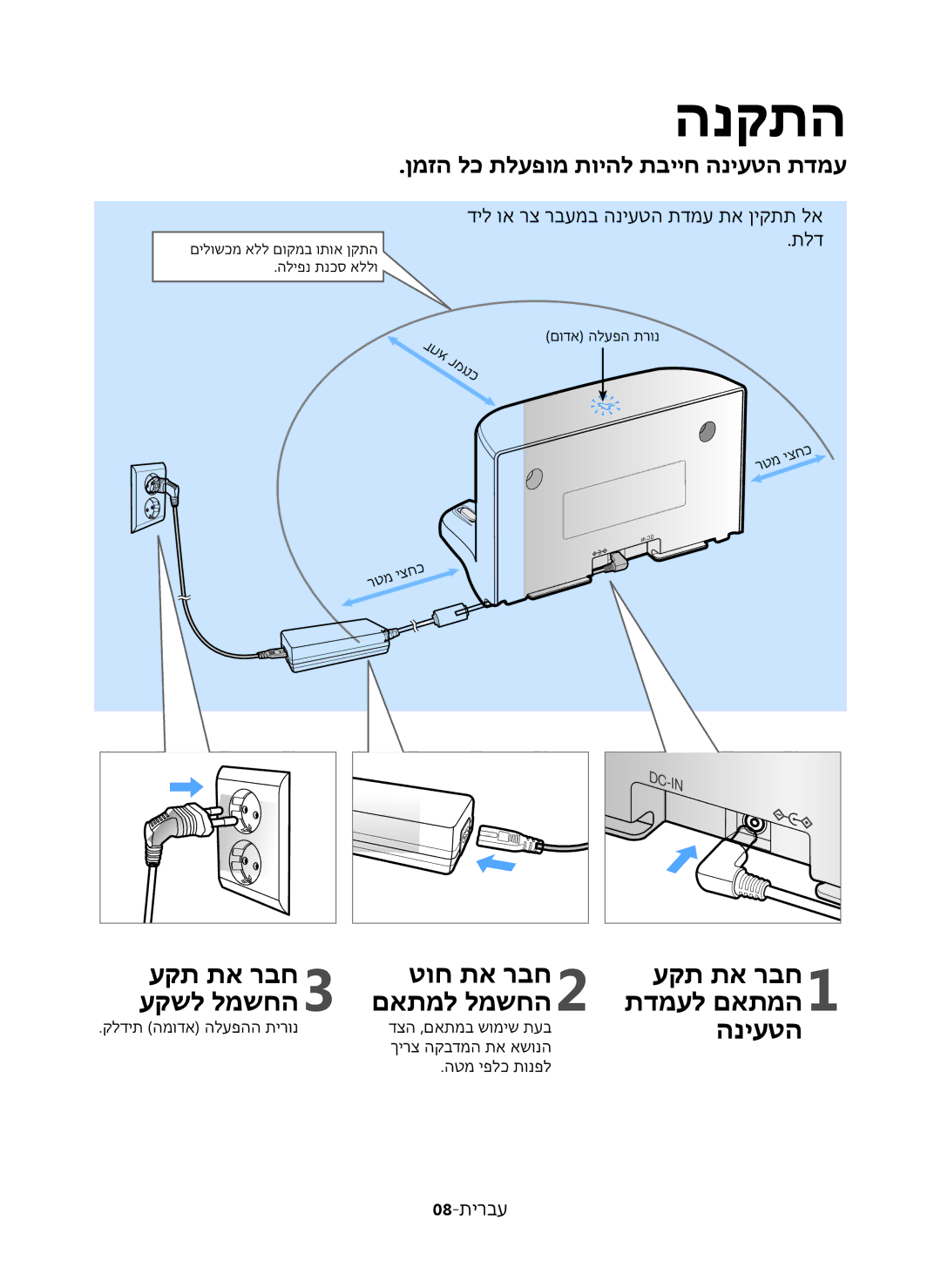 Samsung VR20K9350WK/ML manual הנקתה, ןמזה לכ תלעפומ תויהל תבייח הניעטה תדמע, דיל וא רצ רבעמב הניעטה תדמע תא ןיקתת לא תלד 