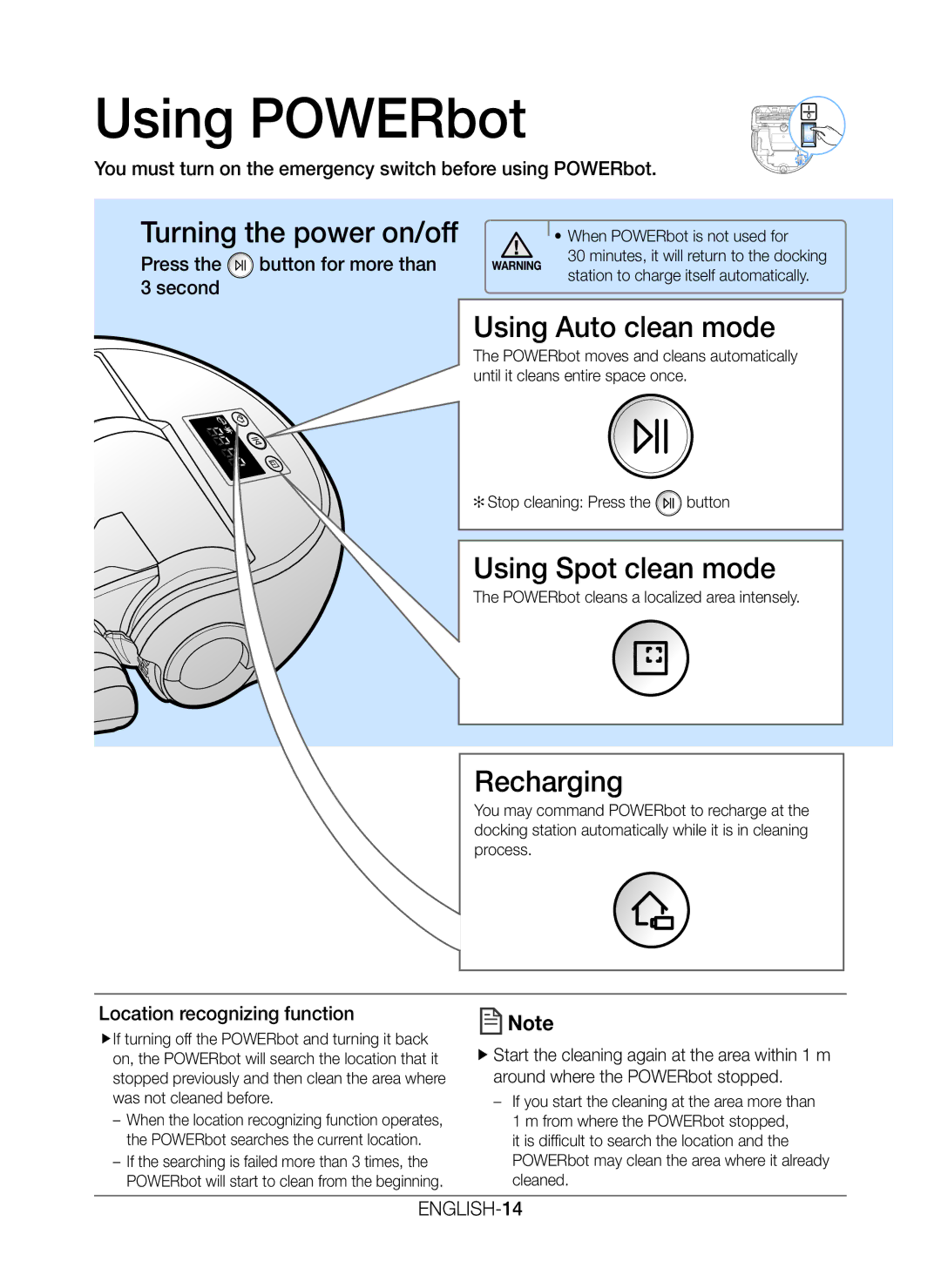 Samsung VR20K9350WK/ML manual Using POWERbot, You must turn on the emergency switch before using POWERbot 