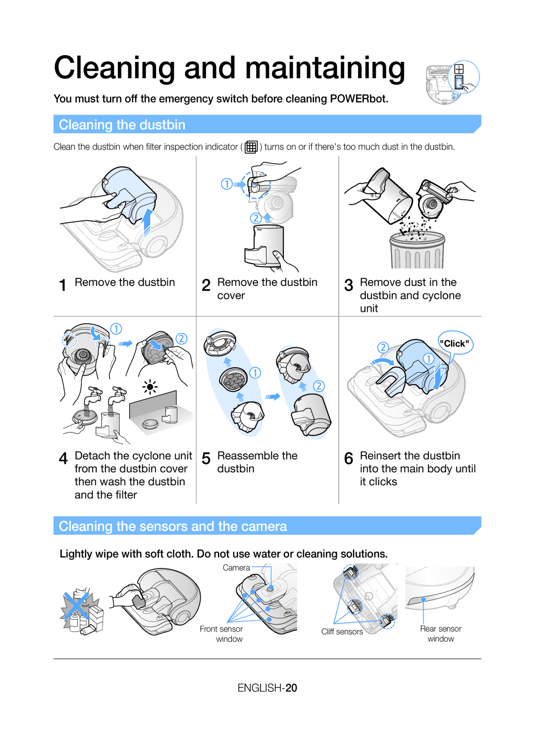 Samsung VR20K9350WK/ML manual Cleaning and maintaining, Cleaning the dustbin, Cleaning the sensors and the camera, Click 