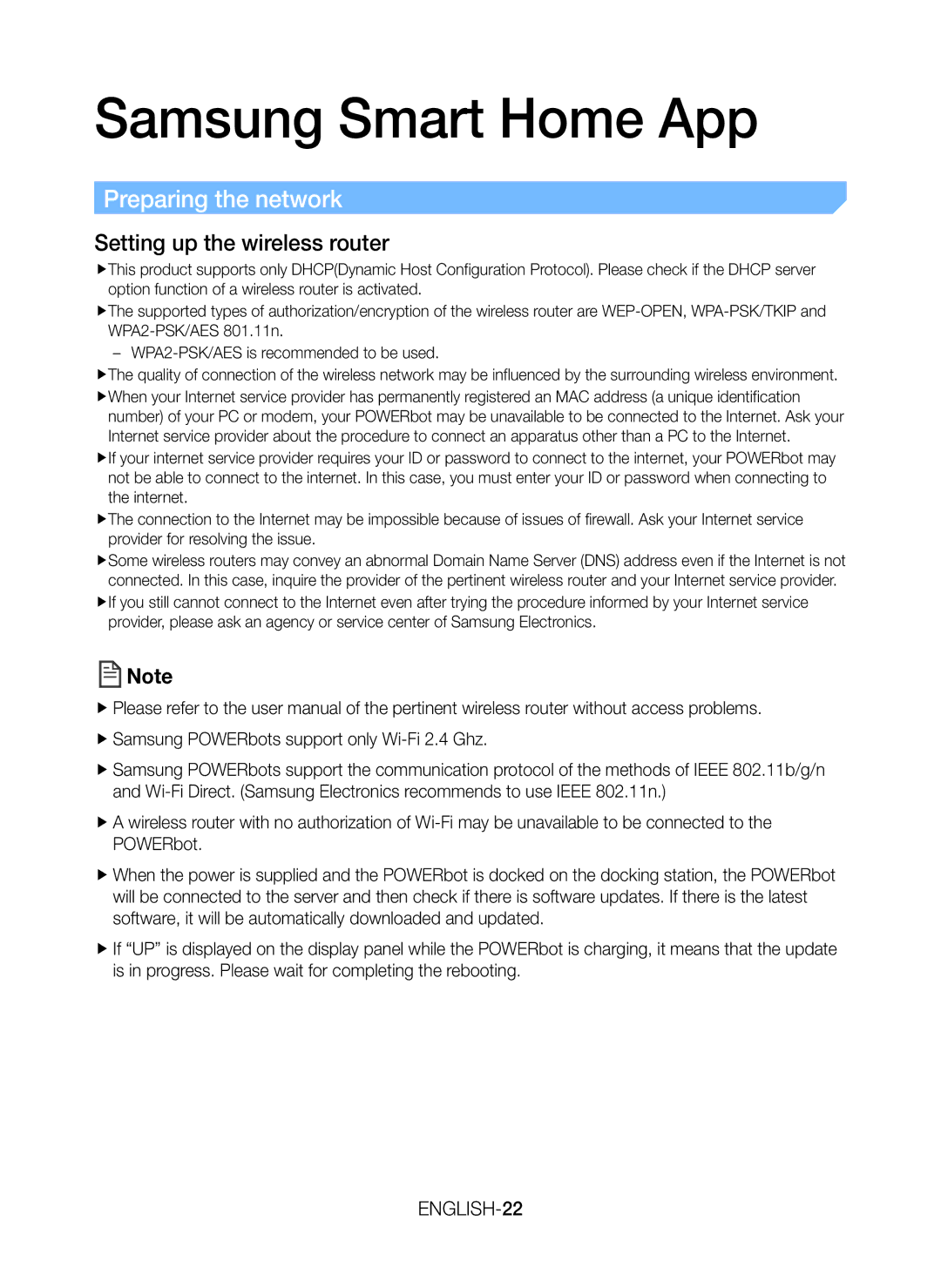 Samsung VR20K9350WK/ML manual Samsung Smart Home App, Preparing the network, Setting up the wireless router 