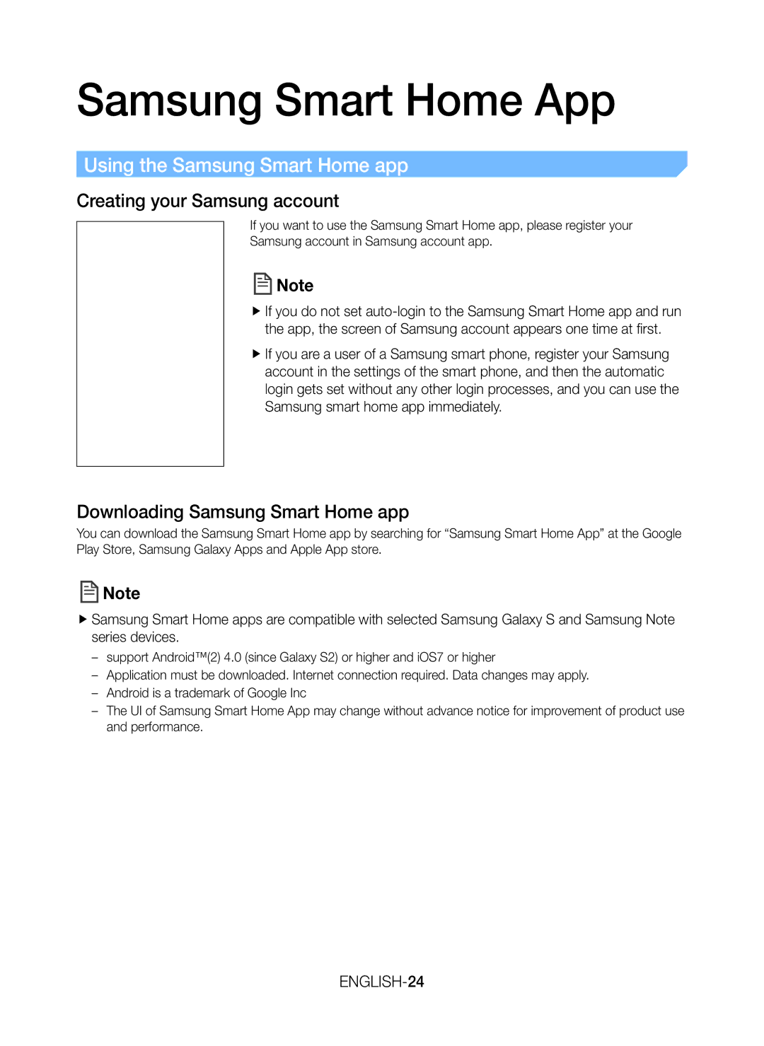 Samsung VR20K9350WK/ML Using the Samsung Smart Home app, Creating your Samsung account, Downloading Samsung Smart Home app 