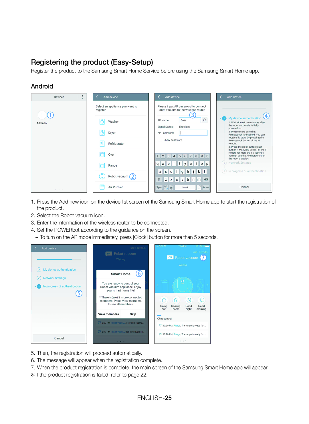 Samsung VR20K9350WK/ML manual Registering the product Easy-Setup, Android 