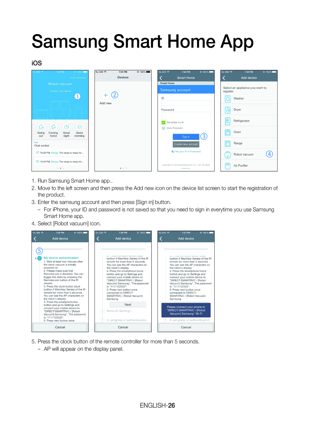 Samsung VR20K9350WK/ML manual Ios, ENGLISH-26 