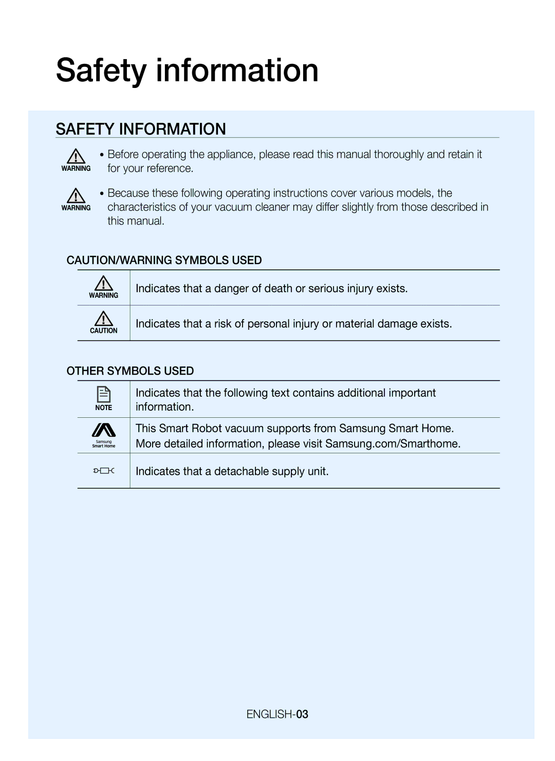 Samsung VR20K9350WK/ML manual Safety information, Indicates that a danger of death or serious injury exists, Information 