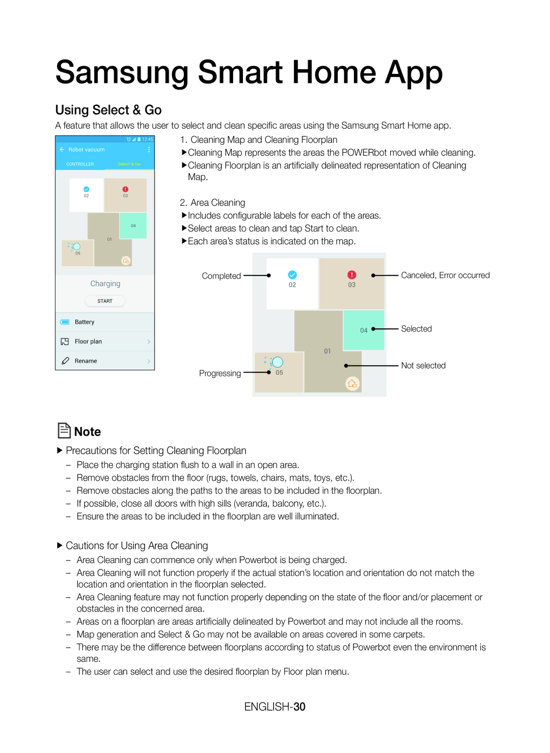 Samsung VR20K9350WK/ML Using Select & Go, FfPrecautions for Setting Cleaning Floorplan, FfCautions for Using Area Cleaning 