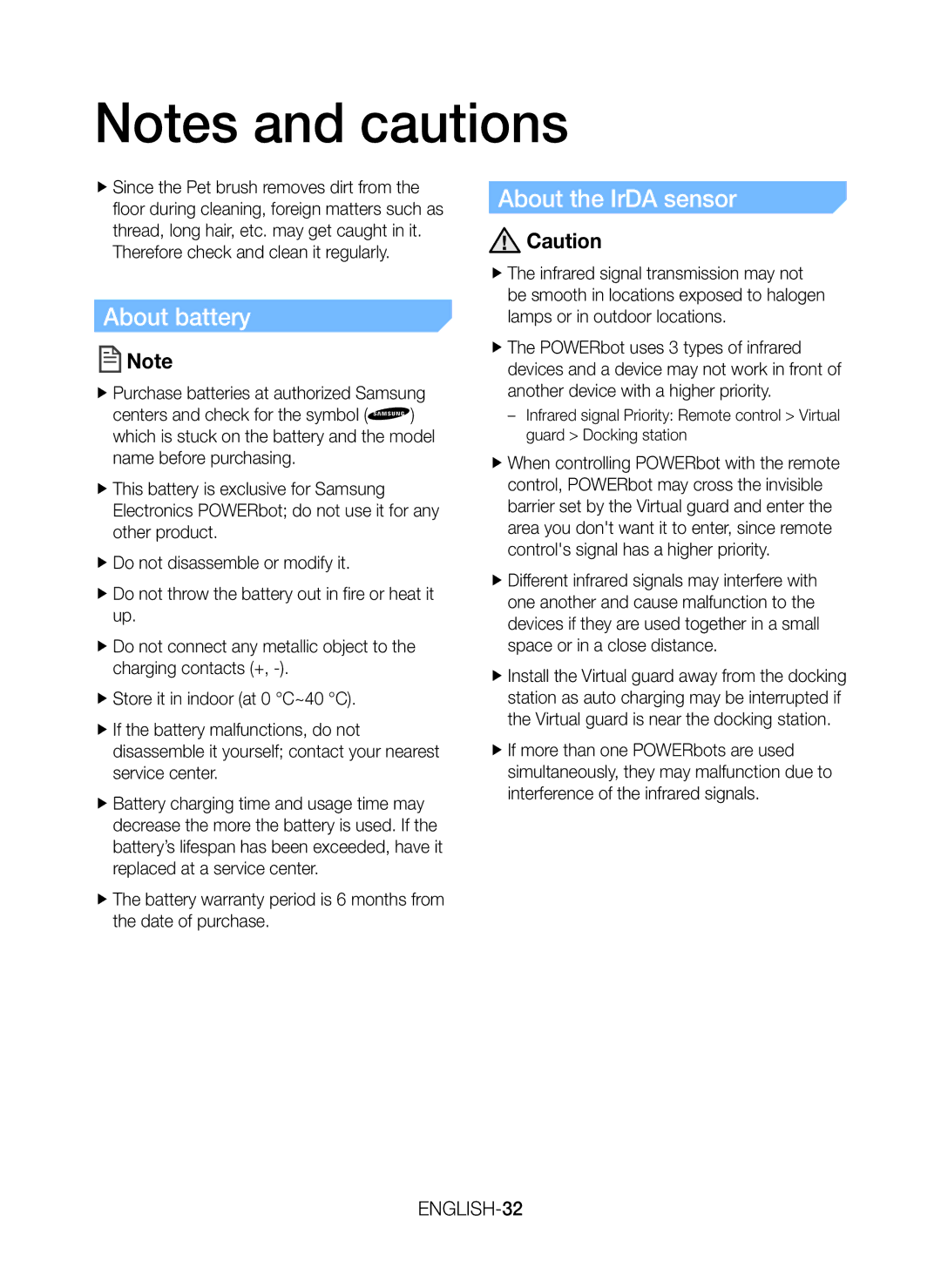 Samsung VR20K9350WK/ML manual About battery, About the IrDA sensor 