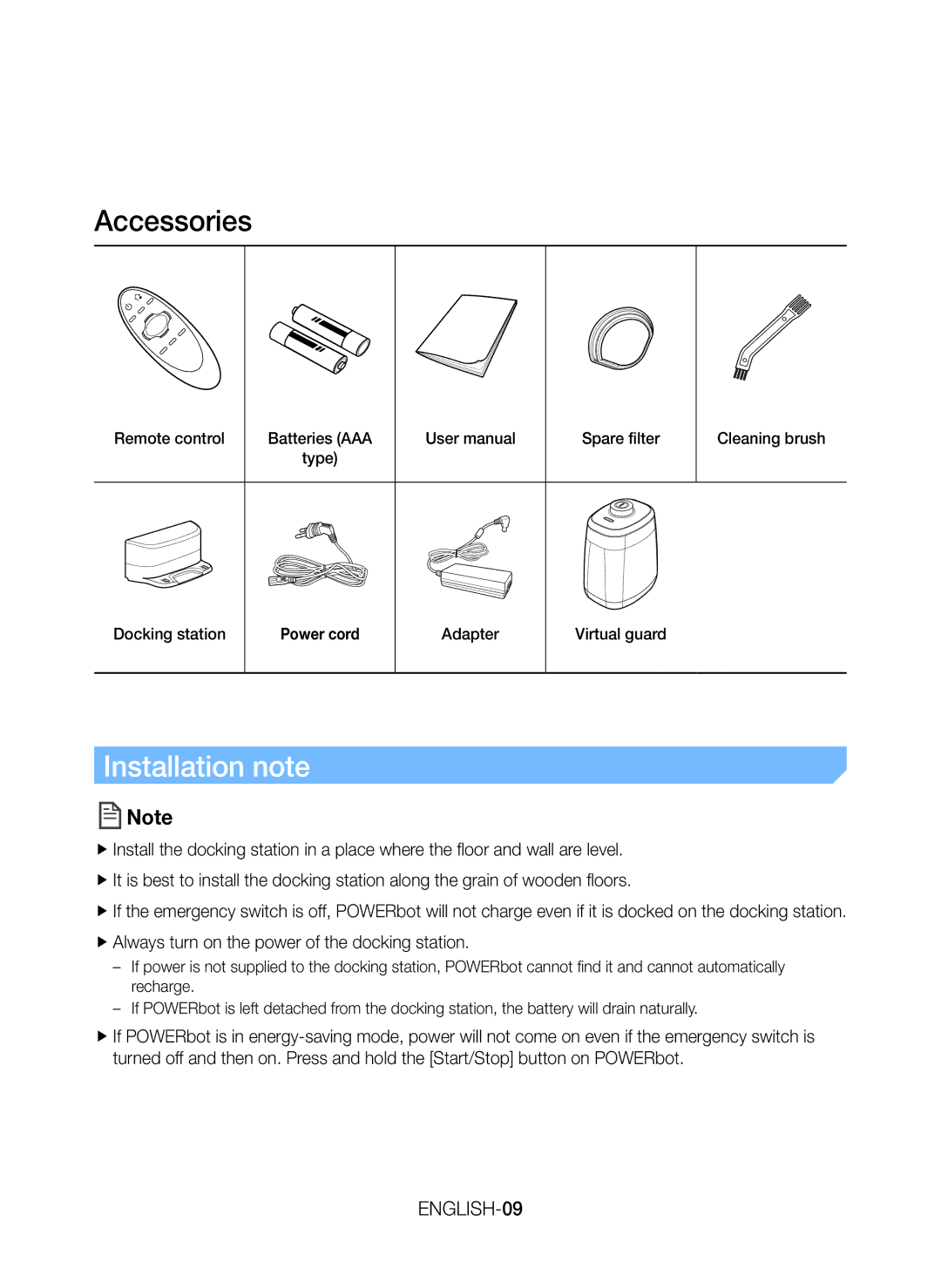 Samsung VR20K9350WK/ML manual Power cord, Adapter Virtual guard 